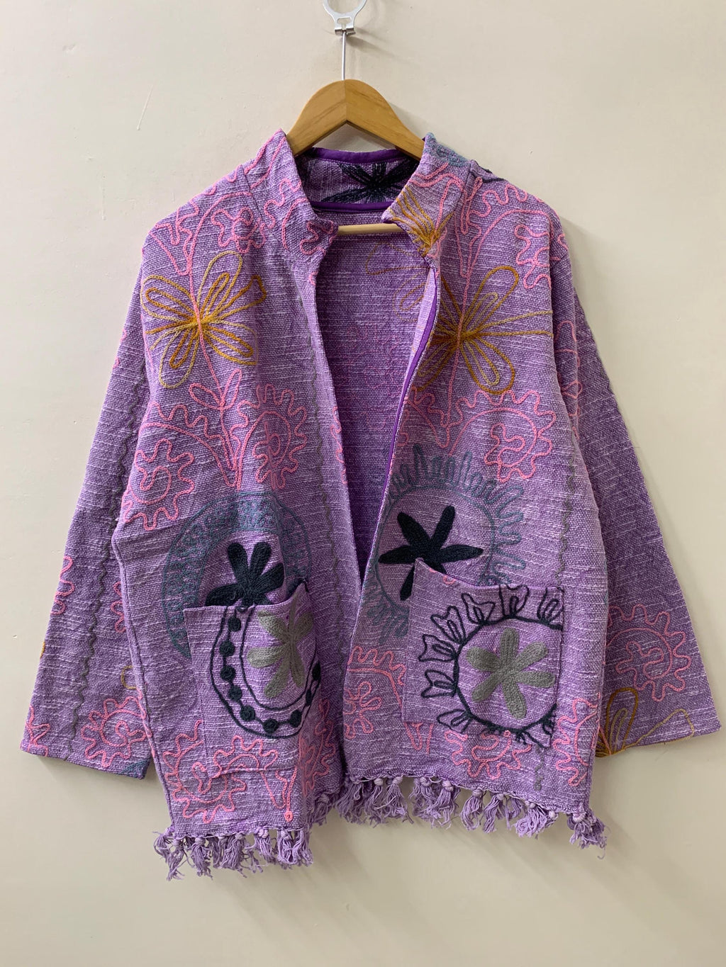 Ethnic Suzani Embroidered Cotton Kimono Throw | Bohemian Tribal Shrug | Spring Festival Coat | Long Duster Jacket Outerwear