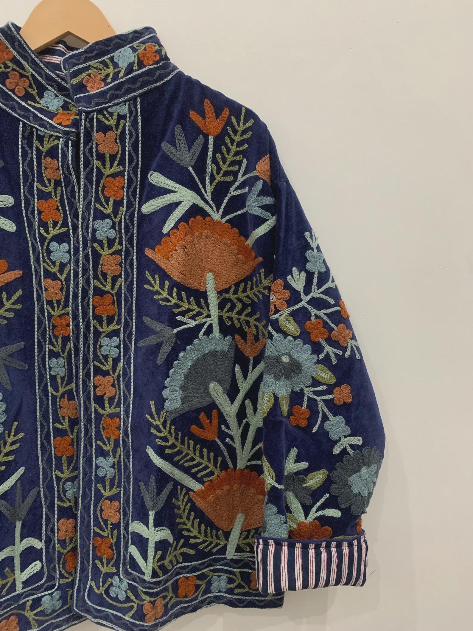 Blue Suzani Velvet Short Jacket | Vintage Button Winter Coat | Short Ethnic Jacket | Spring Bomber Jacket | Gift For Her | Suzani Outerwear