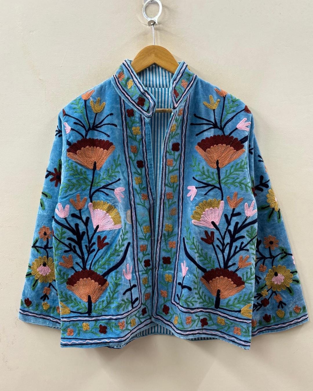 Suzani Embroidered Velvet Winter Jacket | Handmade Short Festival Coat | Ethnic Bohemian Outerwear | Winter Kimono Jacket | Gift For Wife