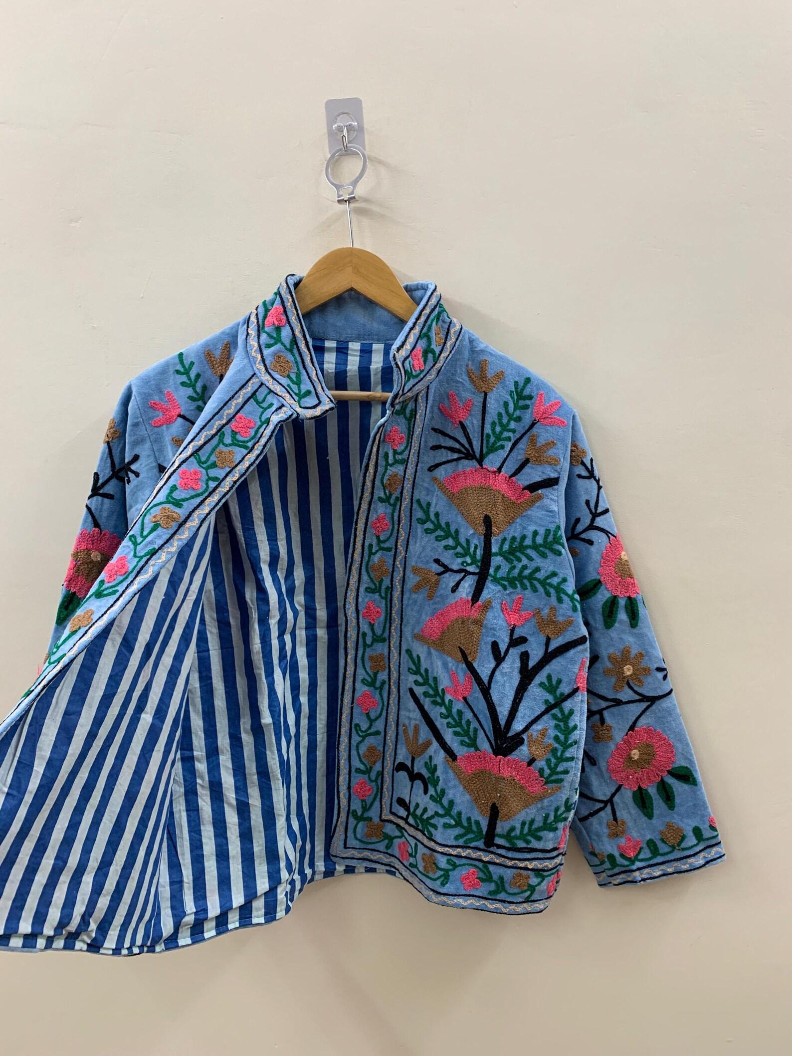 Blue Velvet Suzani Jacket, Handmade Velvet Hand Embroidery Coat, Duster Jacket, Winter Bomber Jacket Coat, Women's Coat, Robe, Gift For Her