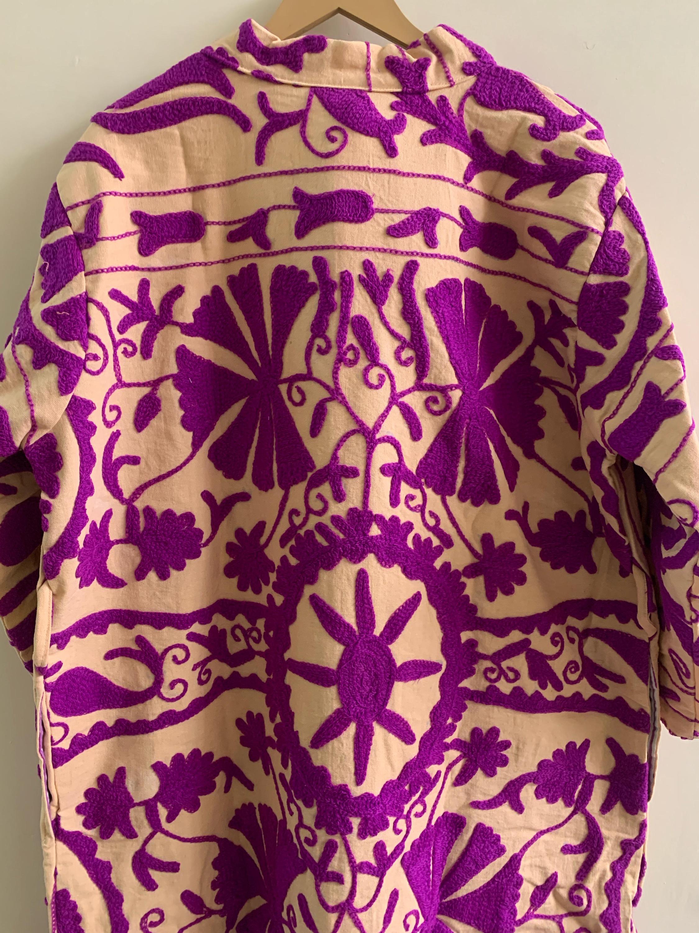Handmade Embroidered Kimono | Unisex Boho Kimono Jacket | Purple Cotton Canvas Robe | Beach Cover Up | Festival Outfit | Resort Wear Kimono