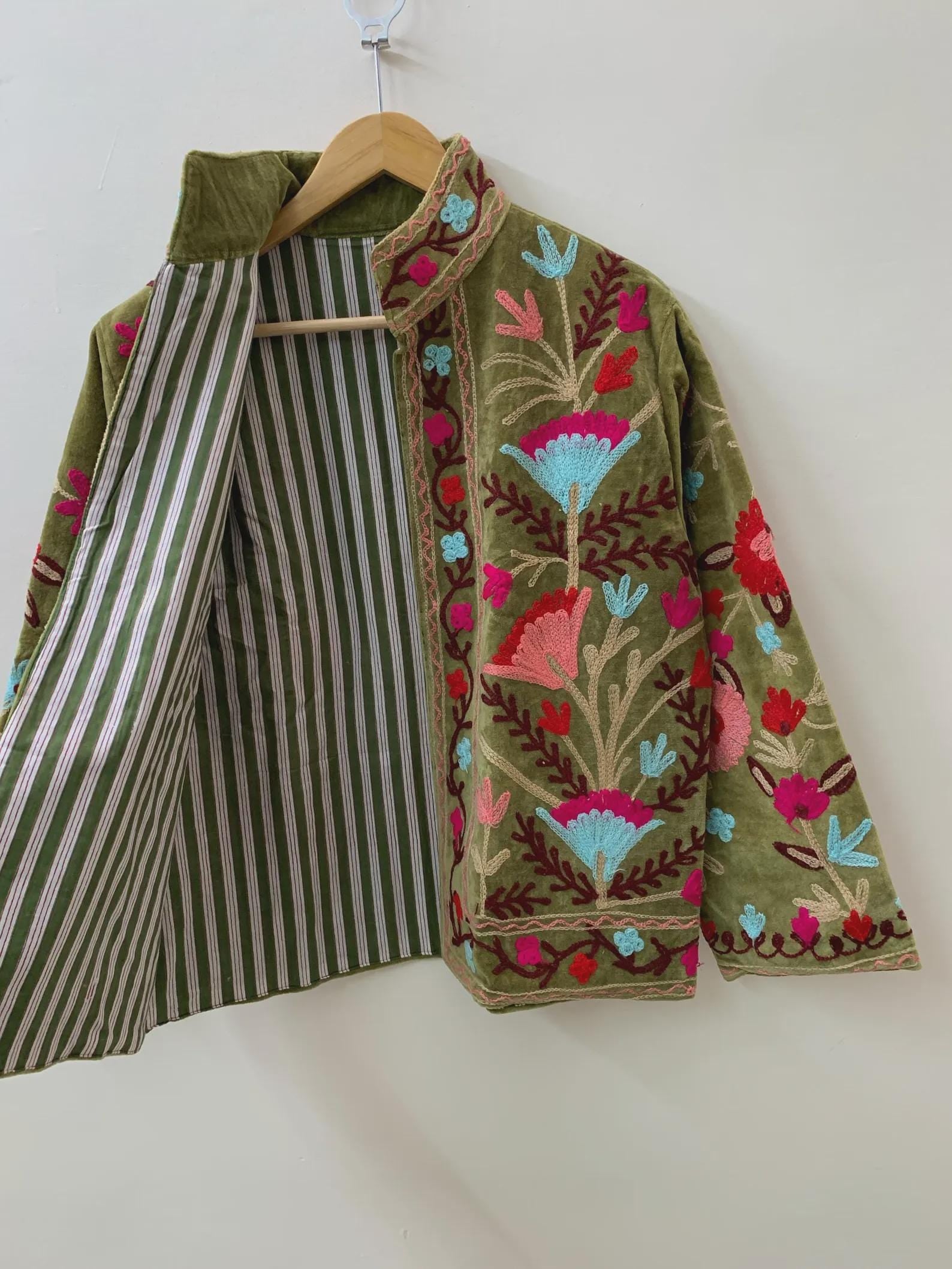 Green Suzani Velvet Short Jacket | Vintage Button Winter Coat | Short Ethnic Jacket | Spring Bomber Jacket | Gift For Her |Suzani Outerwear