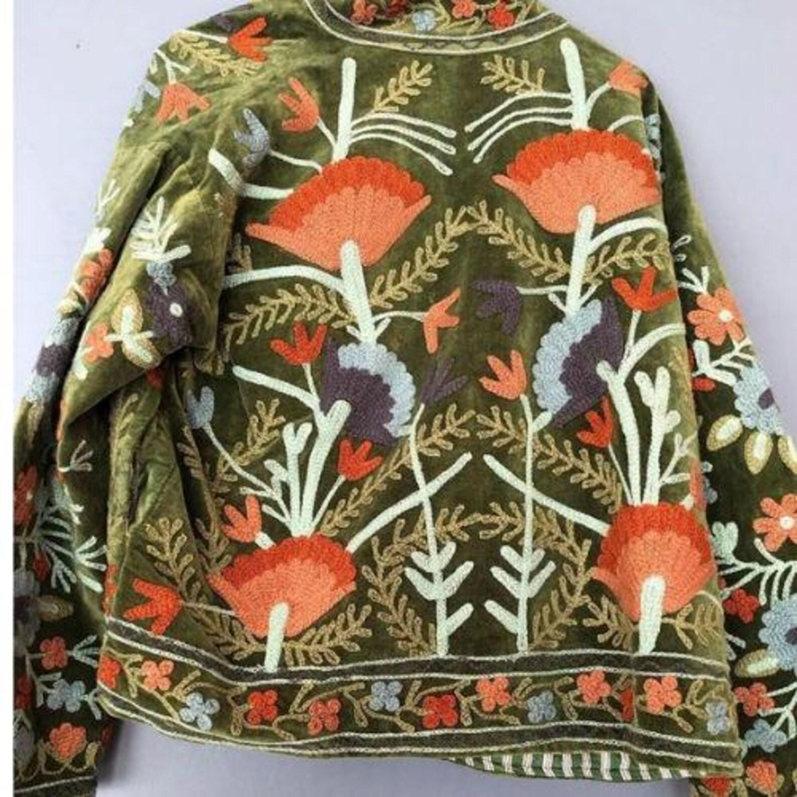 Suzani Embroidered Velvet Winter Jacket | Handmade Short Festival Coat | Ethnic Bohemian Outerwear | Winter Kimono Jacket | Gift For Wife