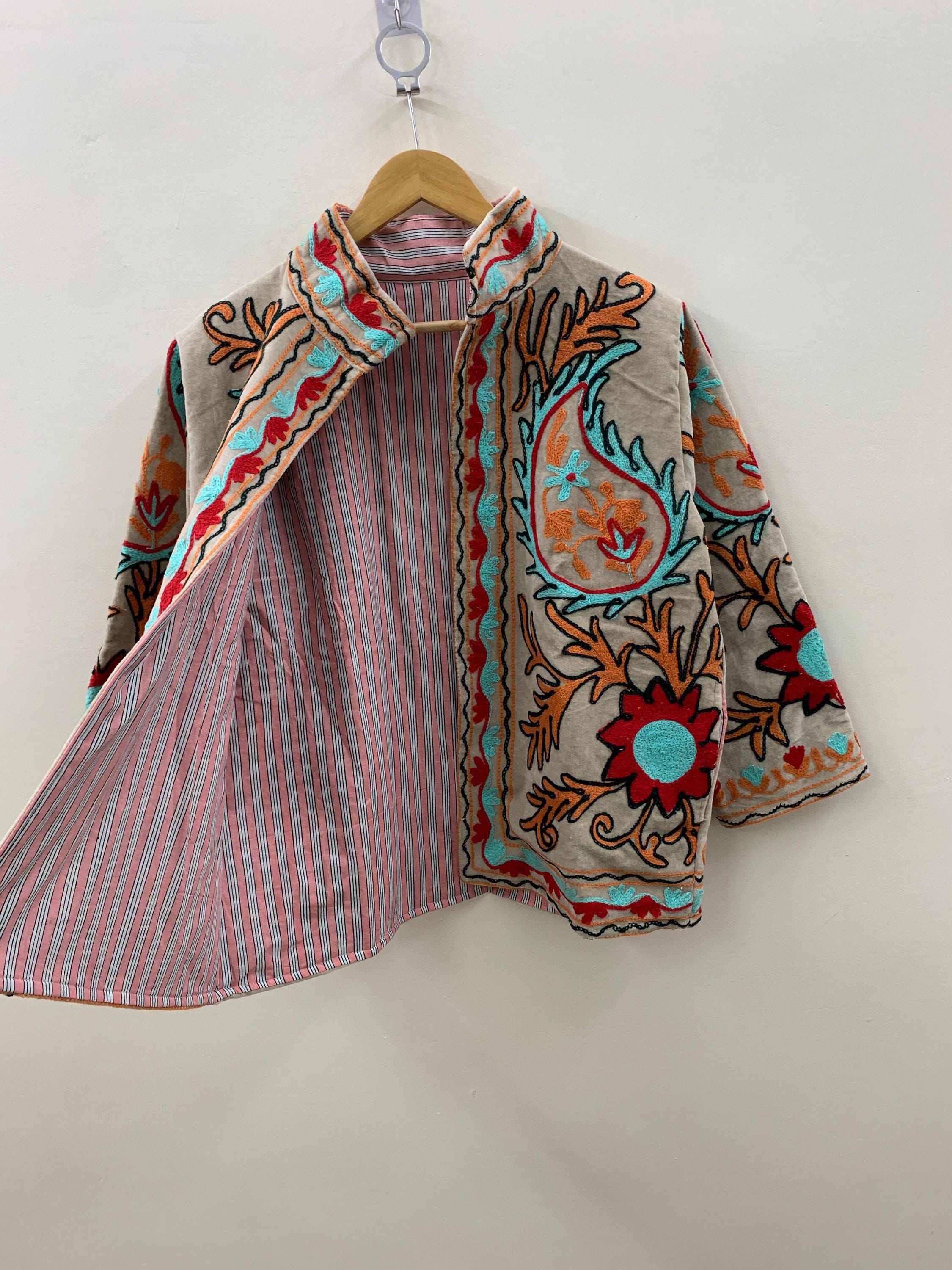 Suzani Embroidered Velvet Winter Jacket | Handmade Short Festival Coat | Ethnic Bohemian Outerwear | Winter Kimono Jacket | Gift For Wife