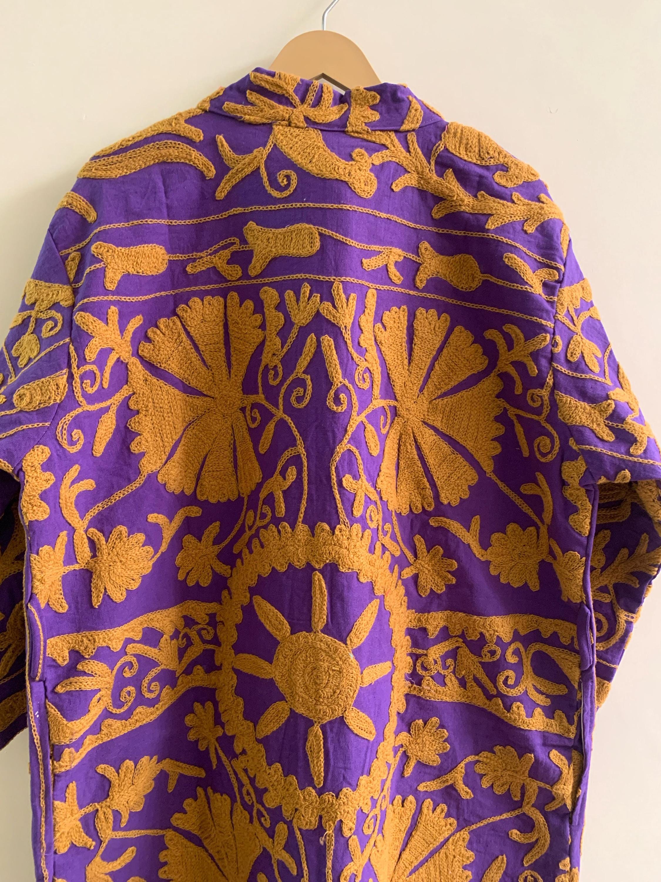 Boho Duster Kimono Jacket | Embroidered Unisex Kimono | Purple Cotton Canvas Robe | Beach Cover Up | Festival Wear | Gift for Her