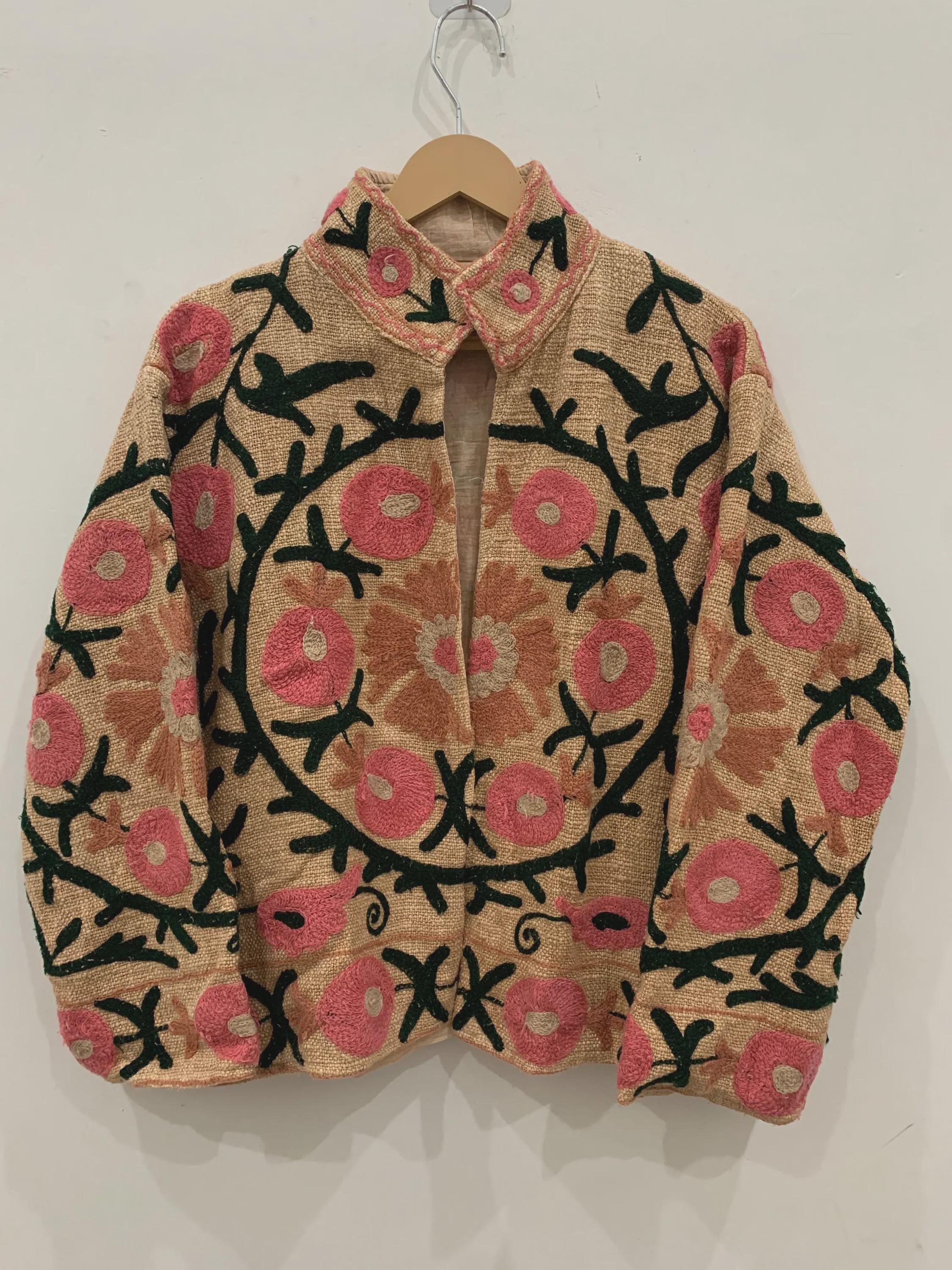 TNT Fabric Suzani Short Jacket | Embroidered Boho Jacket | Vintage Uzbek Textile | Floral Bomber Coat | Bohemian Outerwear | Gift For Her