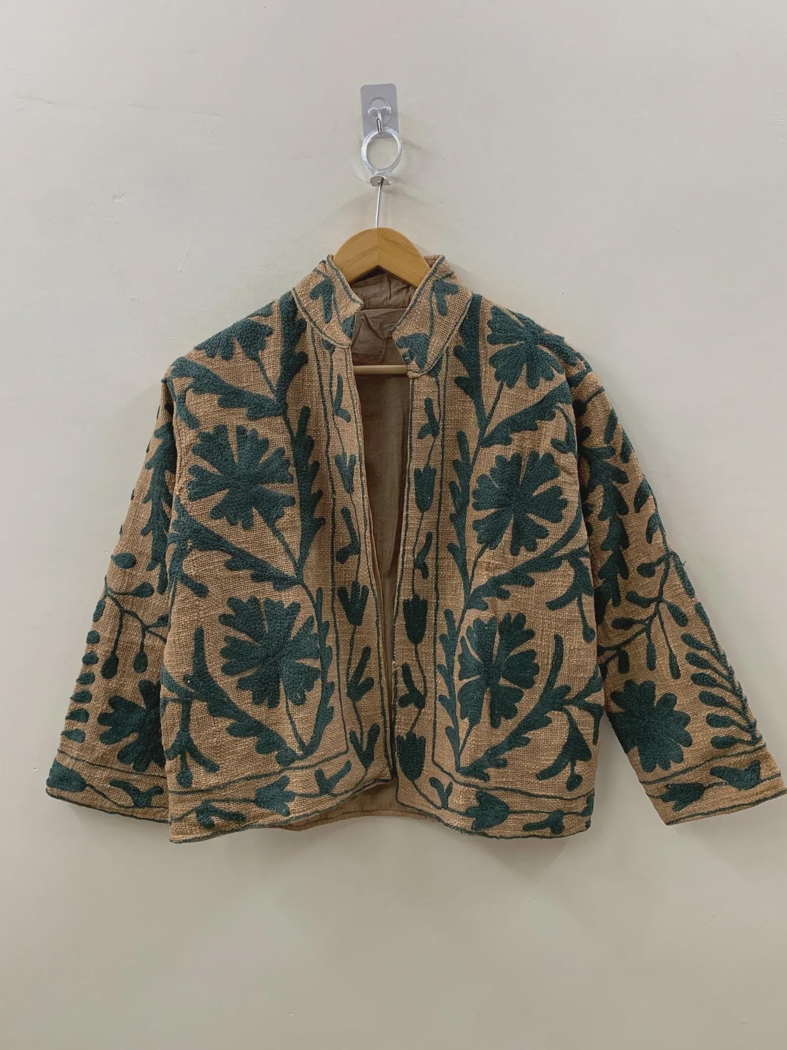 Beige Cotton Suzani Winter Short Jacket | Cotton Spring Jacket | Suzani Bomber Vintage Floral Boho Jacket | Gift For Her | Outerwear