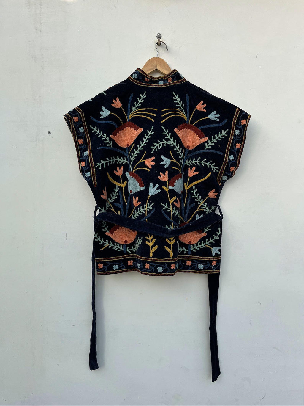 Black Velvet Suzani Embroidered Vest with Belt | Boho Festival Waistcoat | Ethnic Jacket | Sleeveless Bohemian Waistcoat | Gypsy Vest