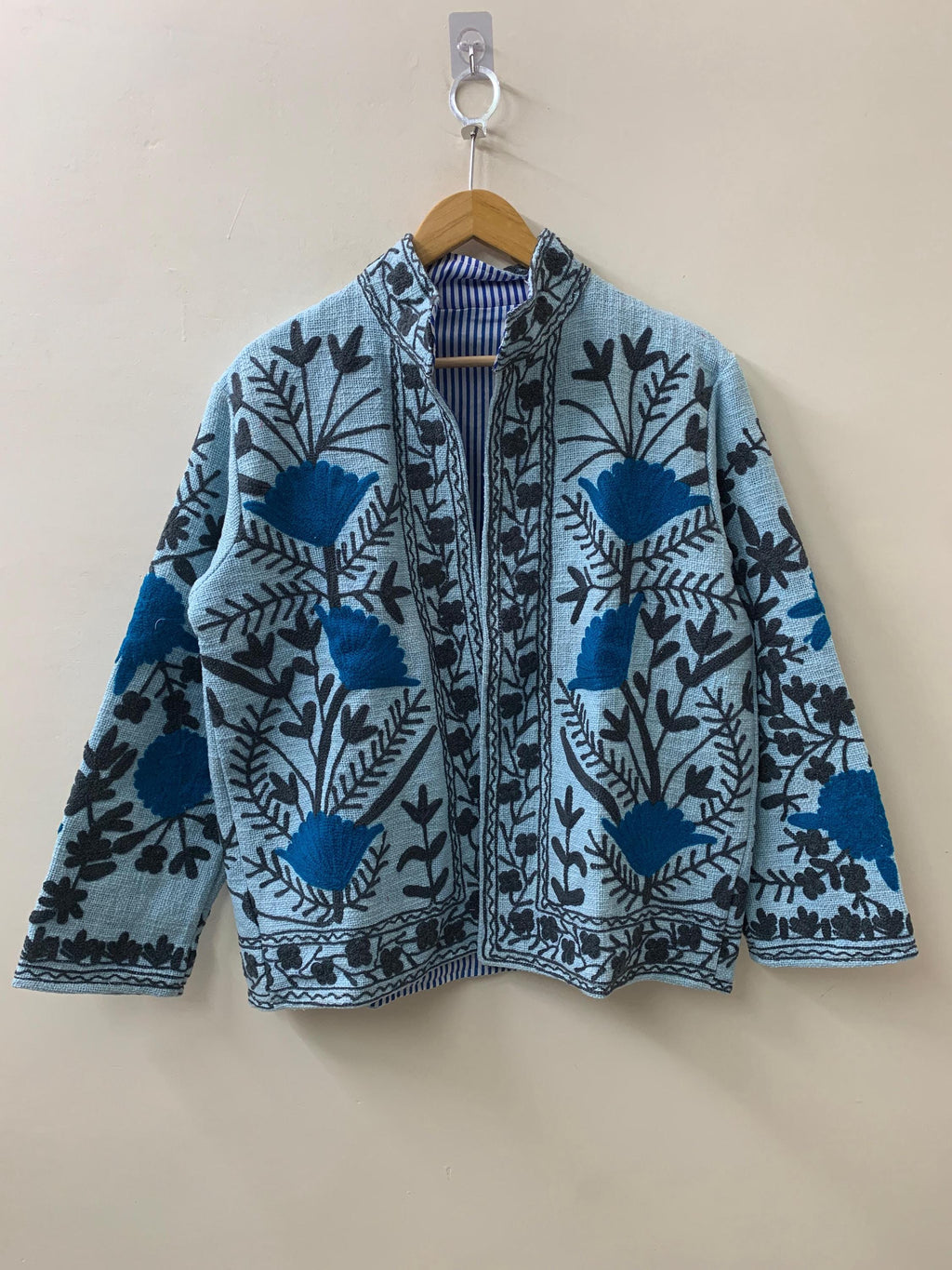 Blue Suzani TNT Fabric Short Boho Jacket | Long Sleeve Button Winter Coat | Short Jacket | Spring Bomber Jacket | Gift For Her | TNT Coat