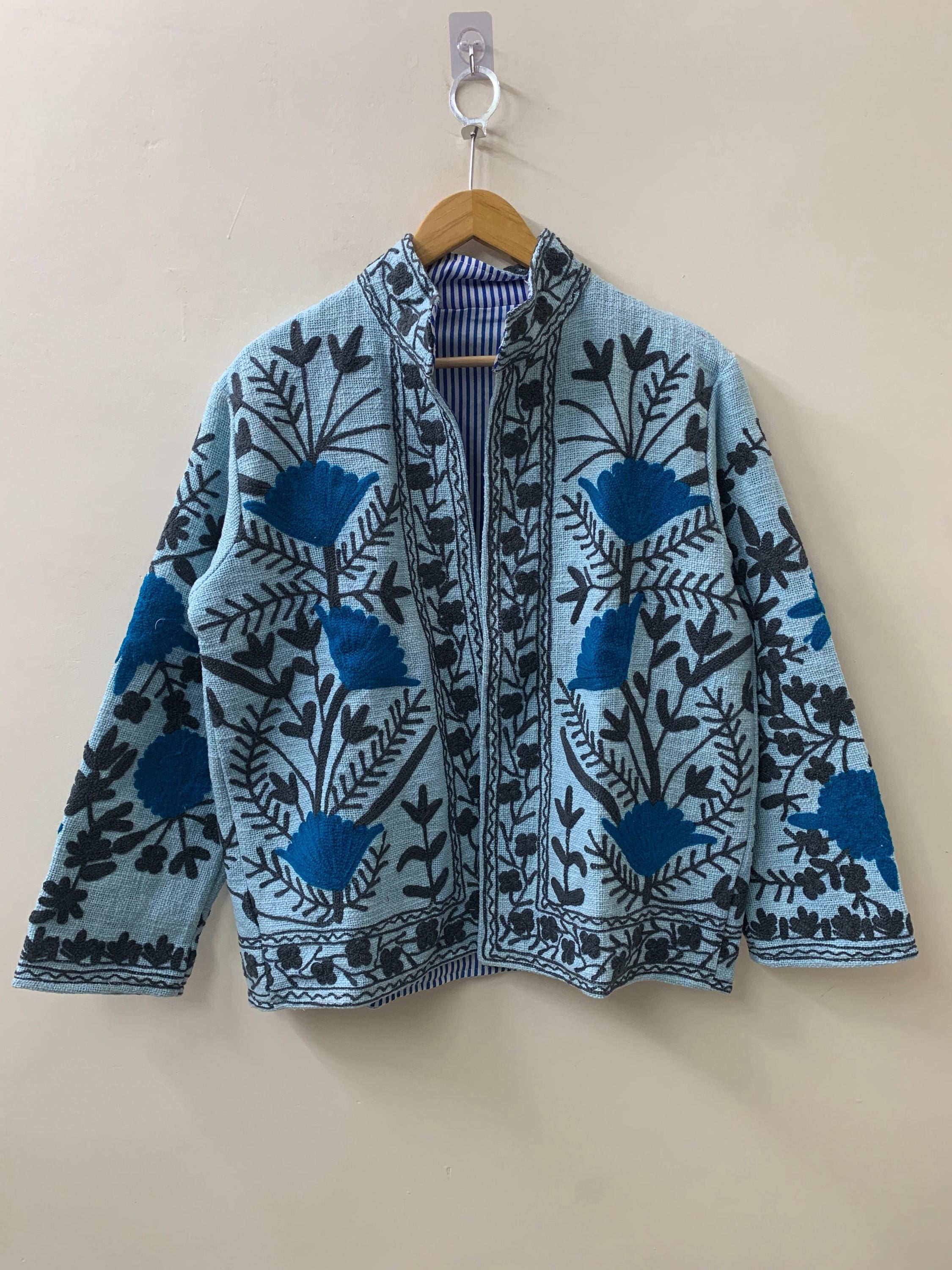 Blue Suzani TNT Fabric Short Boho Jacket | Long Sleeve Button Winter Coat | Short Jacket | Spring Bomber Jacket | Gift For Her | TNT Coat