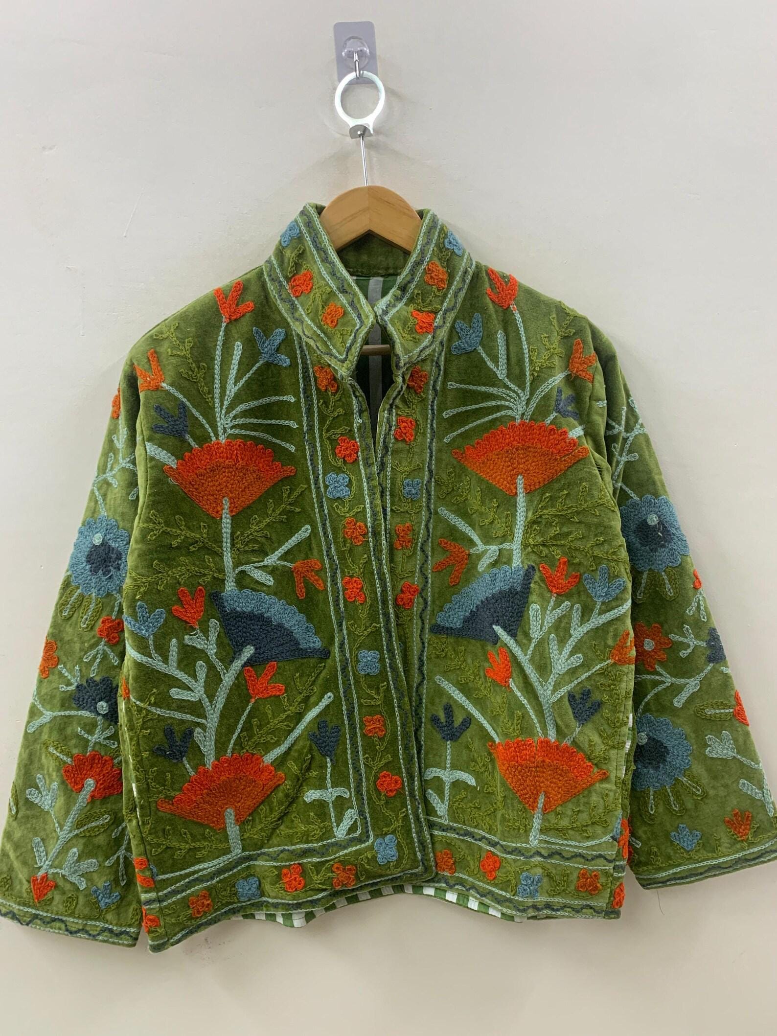 Green Floral Suzani Embroidered Velvet Winter Jacket | Short Festival Coat |Ethnic Bohemian Outerwear | Winter Kimono Jacket | Gift For Wife