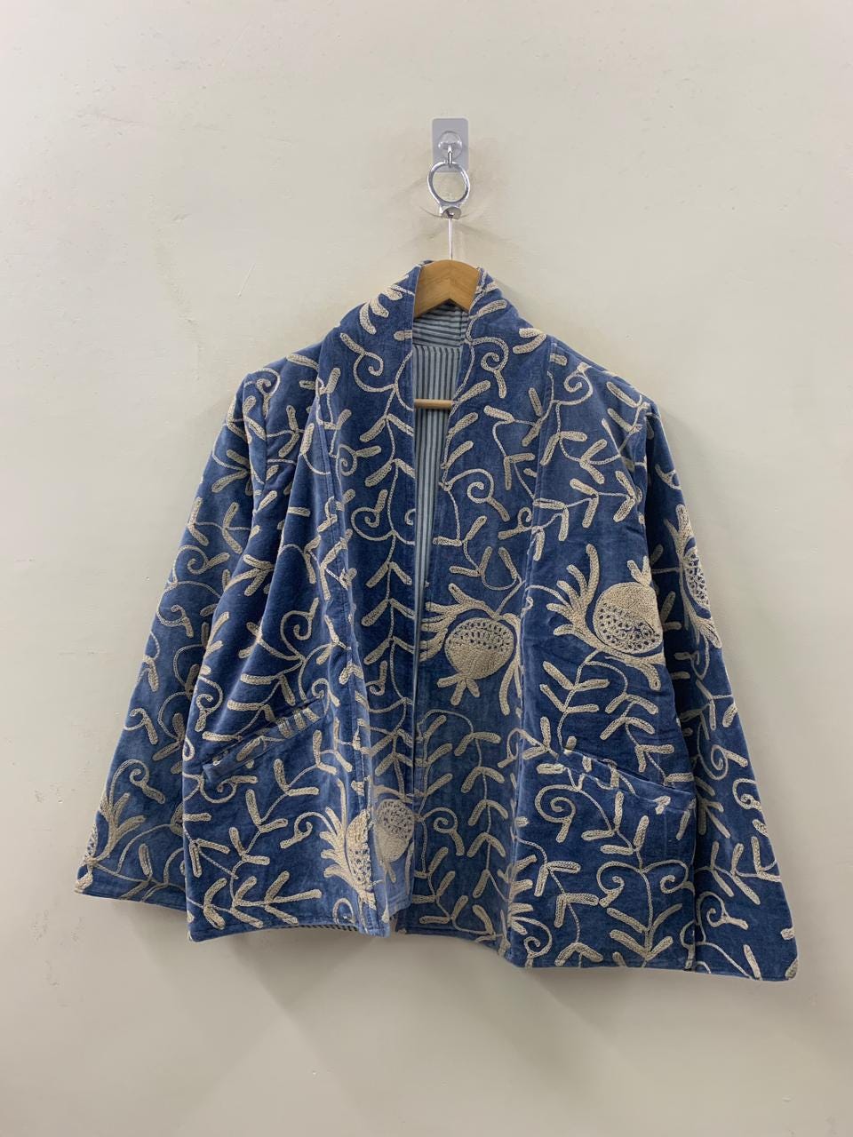 Grey Hand Embroidered Velvet Suzani Jacket | Boho Floral Duster | Gift For Her | Bohemian Velvet Coat | Festival Coat