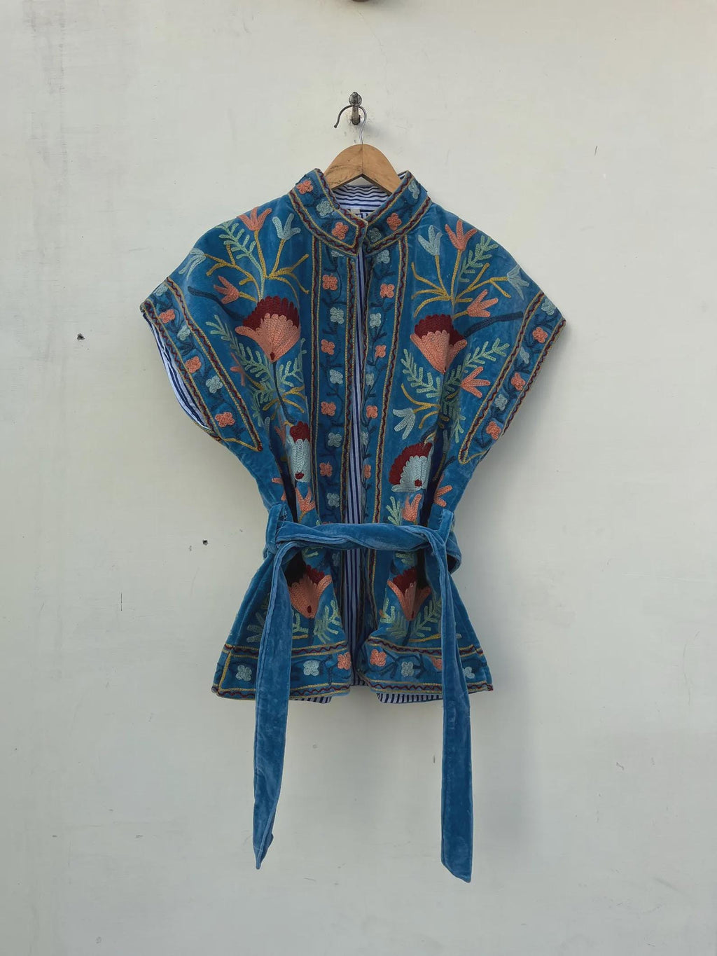 Blue Velvet Suzani Embroidered Vest | Boho Festival Floral Waistcoat | Handmade Ethnic Jacket | Sleeveless Bohemian Layer | Gift for Her