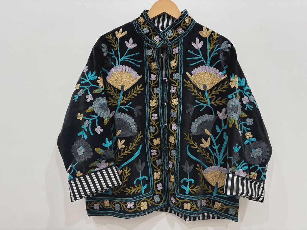 Suzani Velvet Jacket | Embroidered Short Coat | Vintage Ethnic Jacket | Winter Outerwear | Gift for Her | Winter Kimono Jacket | Winter Coat