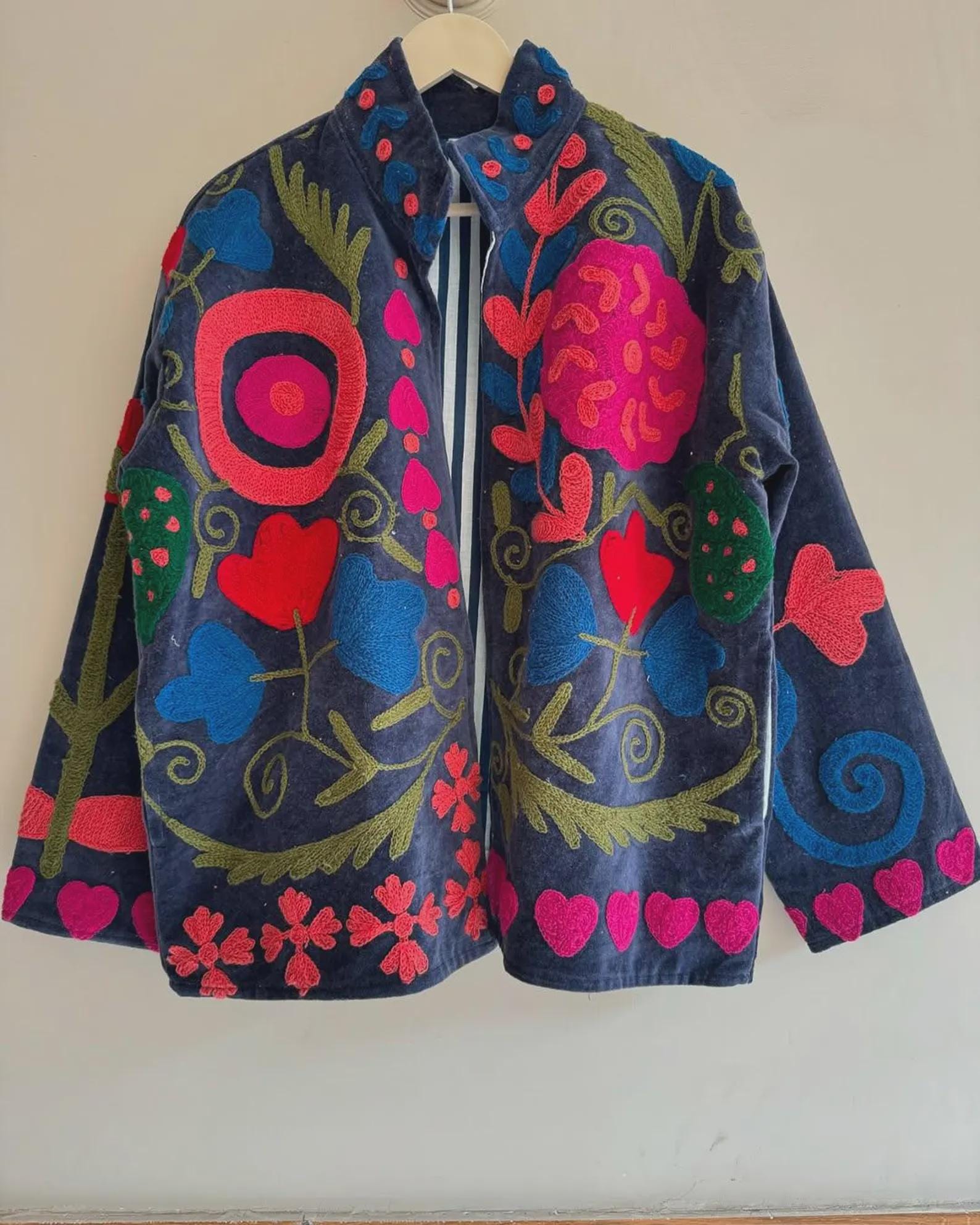 Velvet Vintage Suzani With Pocket Winter Jacket | Floral Jacket | Bomber Jacket | Warmed Coat | Gift For Her | Winter Jacket