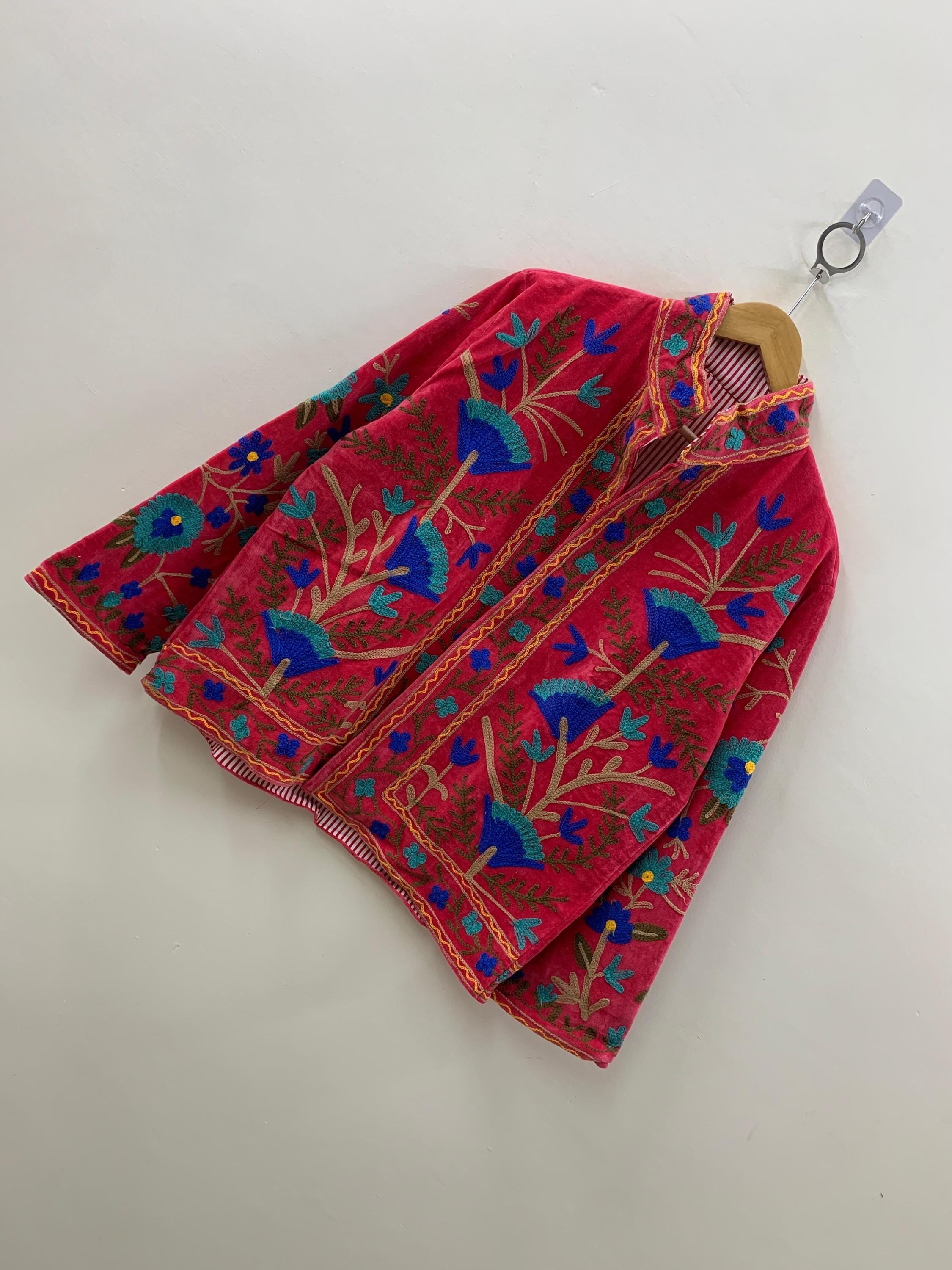 Red Velvet Suzani Hand Embroidered Jacket | Floral Tailored Jacket |Bomber Coat | Hippie Jacket | 70s Style Coat | Gift For Her |Winter Coat