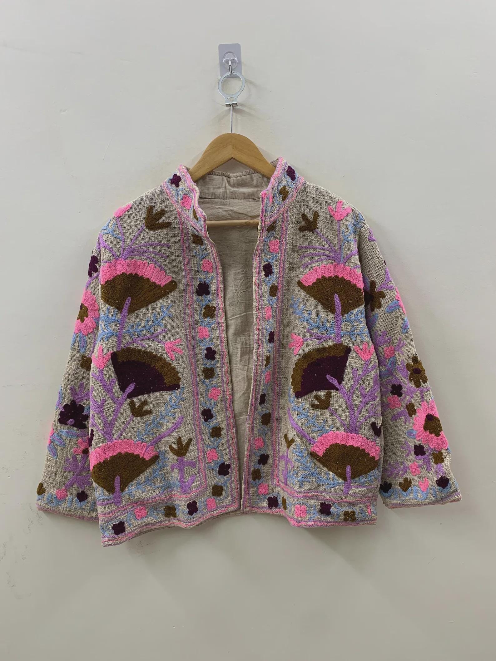 Grey Suzani Velvet Short Jacket | Vintage Button Winter Coat | Short Ethnic Jacket | Spring Bomber Jacket | Gift For Her | Suzani Outerwear