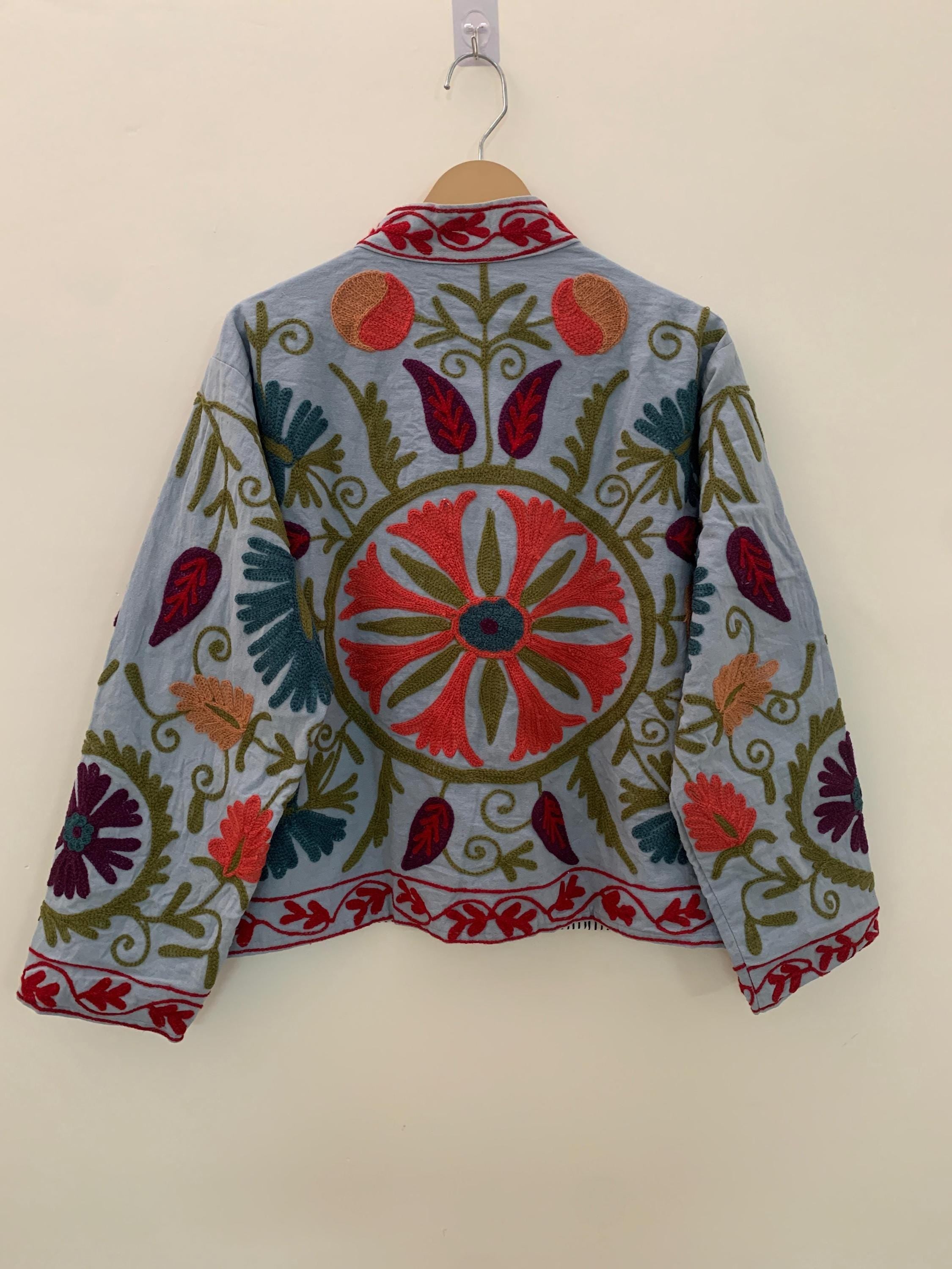 Handmade Suzani Jacket | Grey Embroidered Uzbek Textile, Boho Bomber, Outerwear |Gift For Her
