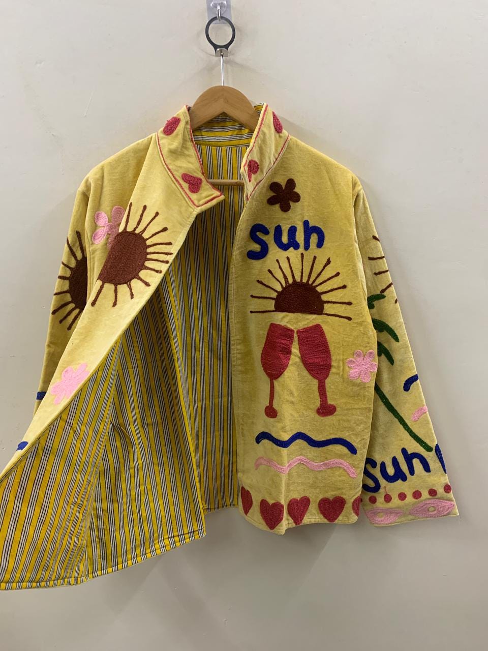 Handmade Velvet Suzani Jacket | Boho Embroidered Statement Coat | Sun, Palm, Moon & Heart Design | Colorful Festival Jacket | Duster Coat