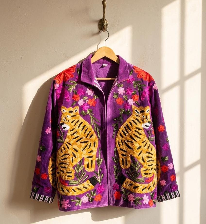 Velvet Suzani Jacket | Tiger Floral Embroidery Jacket  | Ethnic Coat | Warm Winter Coat | Artisanal Outerwear | Gift For Her | Boho Jacket