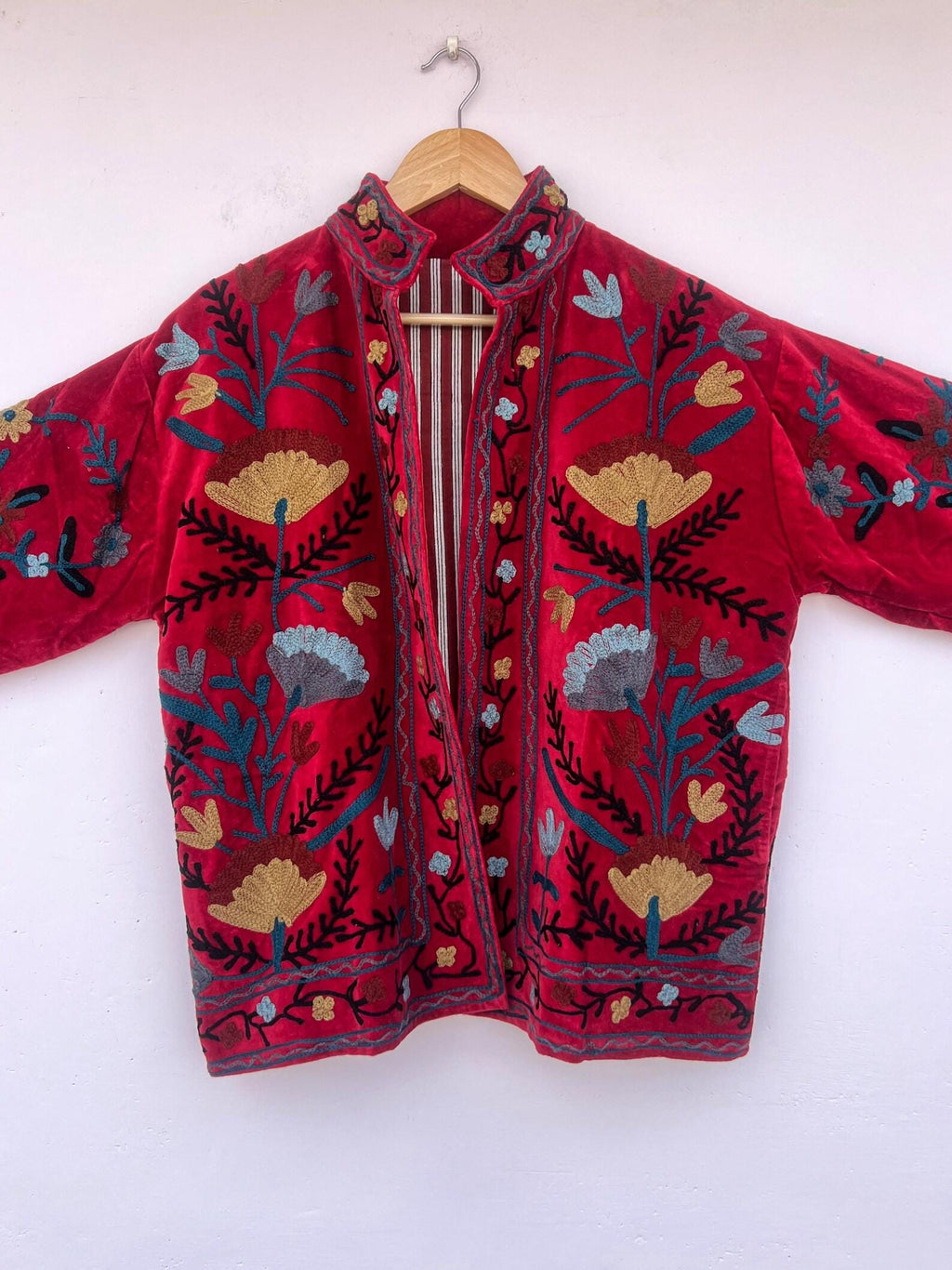 Red Hand Embroidered Velvet Suzani Jacket | Bohemian Festival Coat | Gift For Her | Winter Warm Kimono Coat  | Oversized Boho Jacket