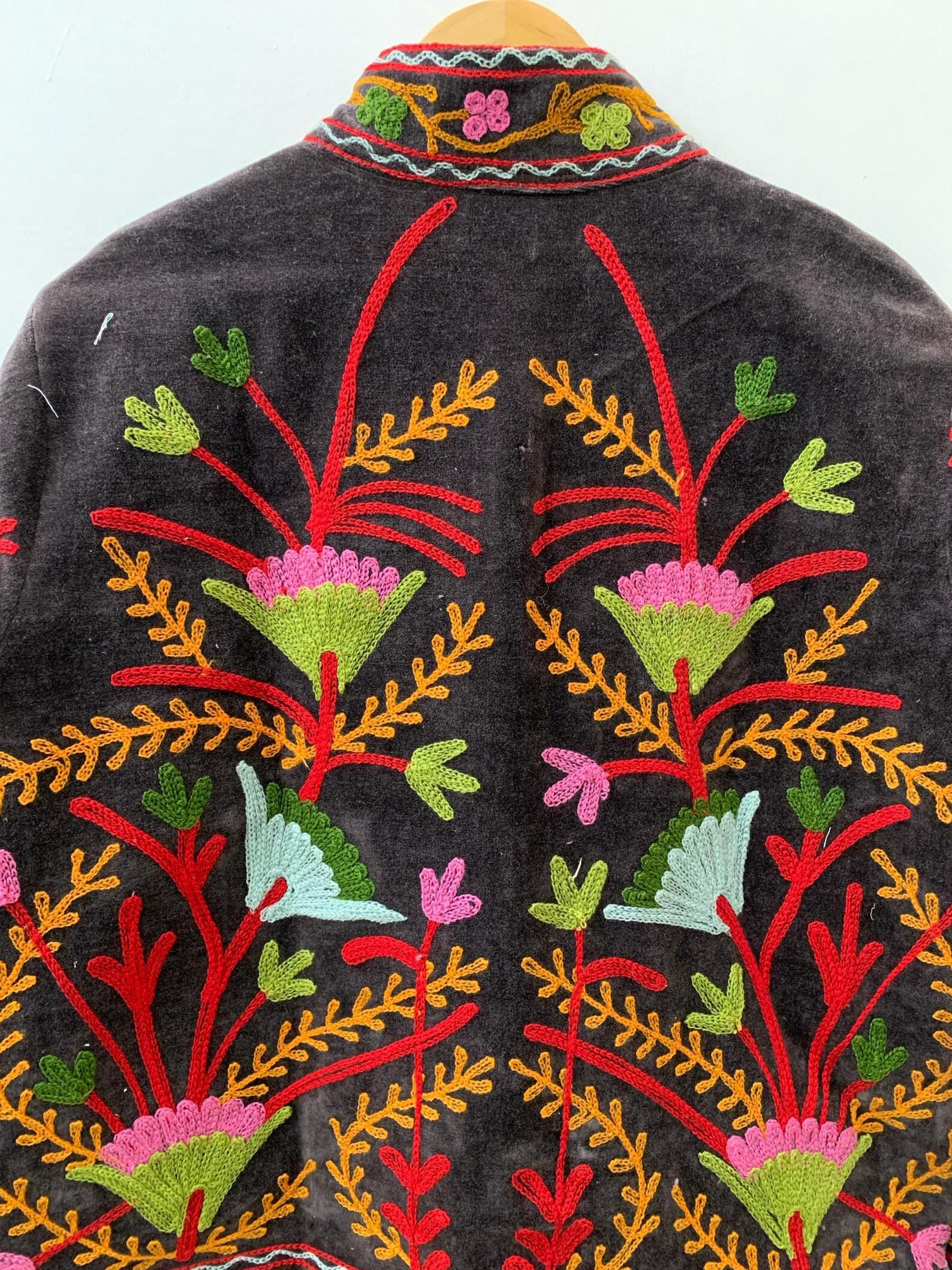 Suzani Embroidered Velvet Winter Jacket | Handmade Short Festival Coat | Ethnic Bohemian Outerwear | Winter Kimono Jacket | Gift For Wife