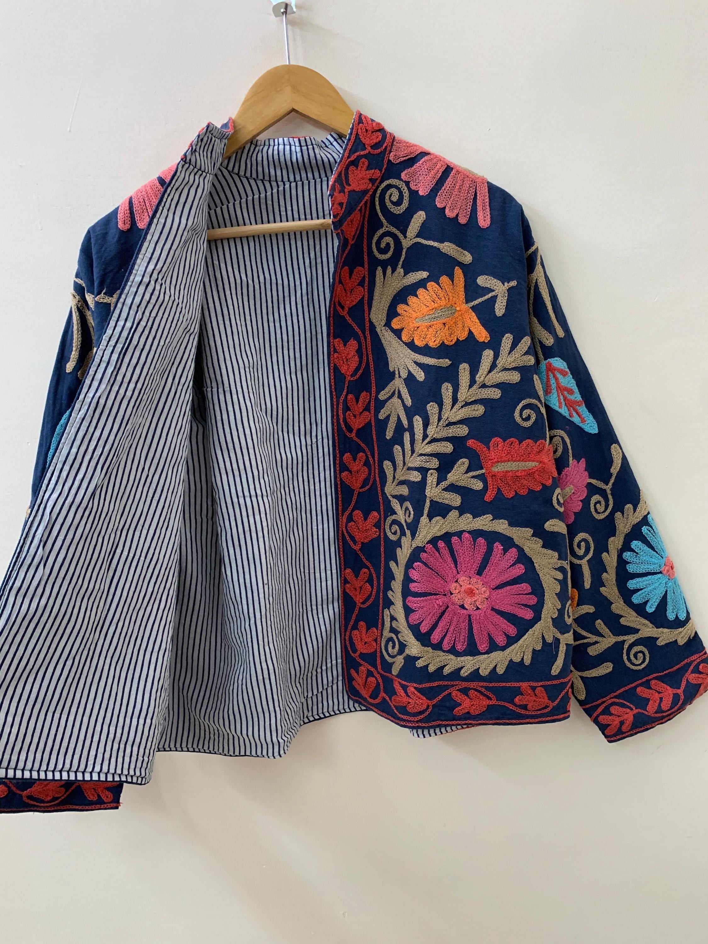 Blue Cotton Suzani Winter Short Jacket | Cotton Spring Jacket | Suzani Bomber Coat | Vintage Floral Boho Jacket | Gift For Her | Outerwear
