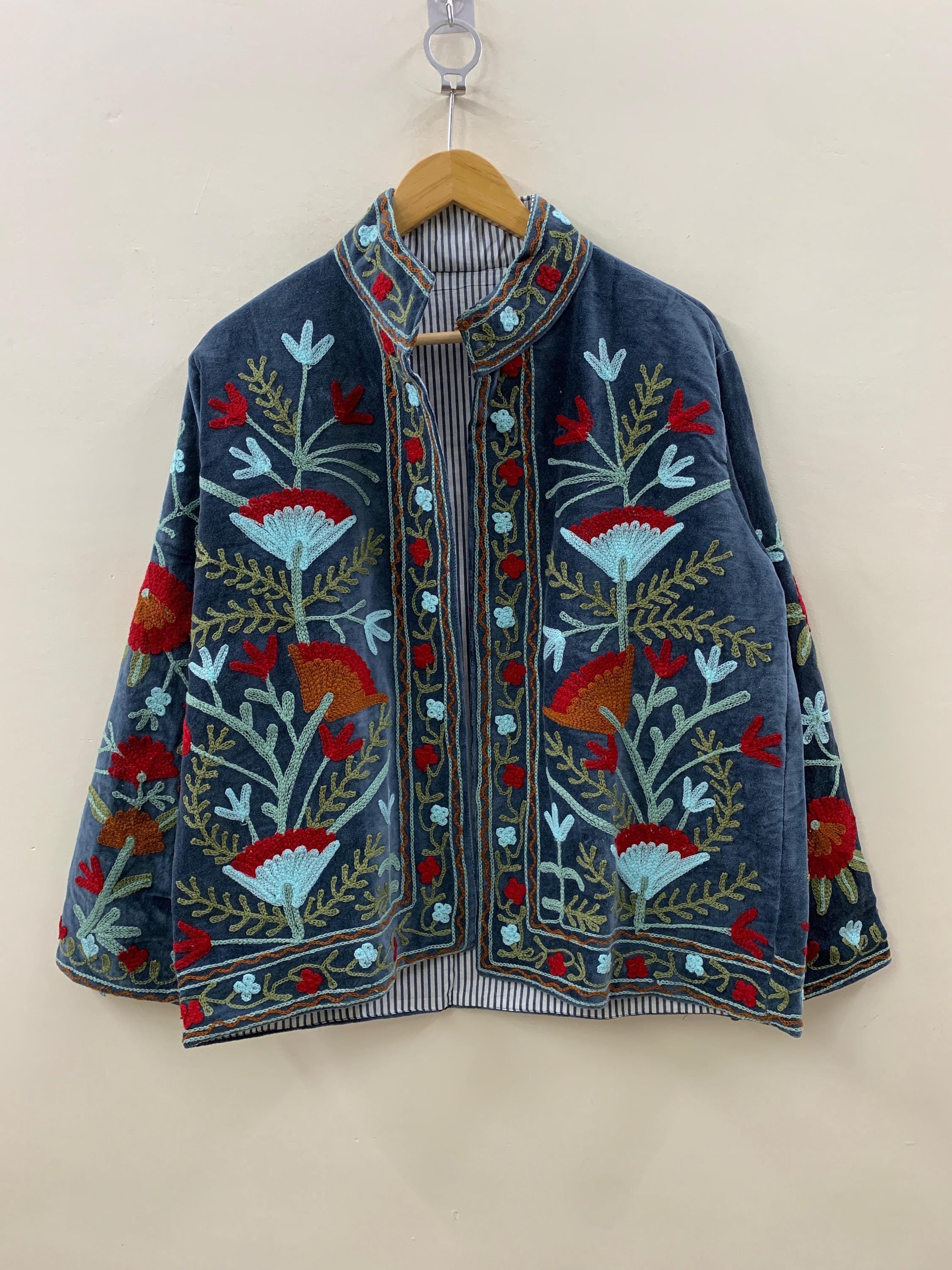 Velvet Vintage Suzani With Pocket Winter Jacket | Boho Floral Jacket | Bomber Jacket | Winter Warmed Coat | Gift For Her |Spring Warm Jacket