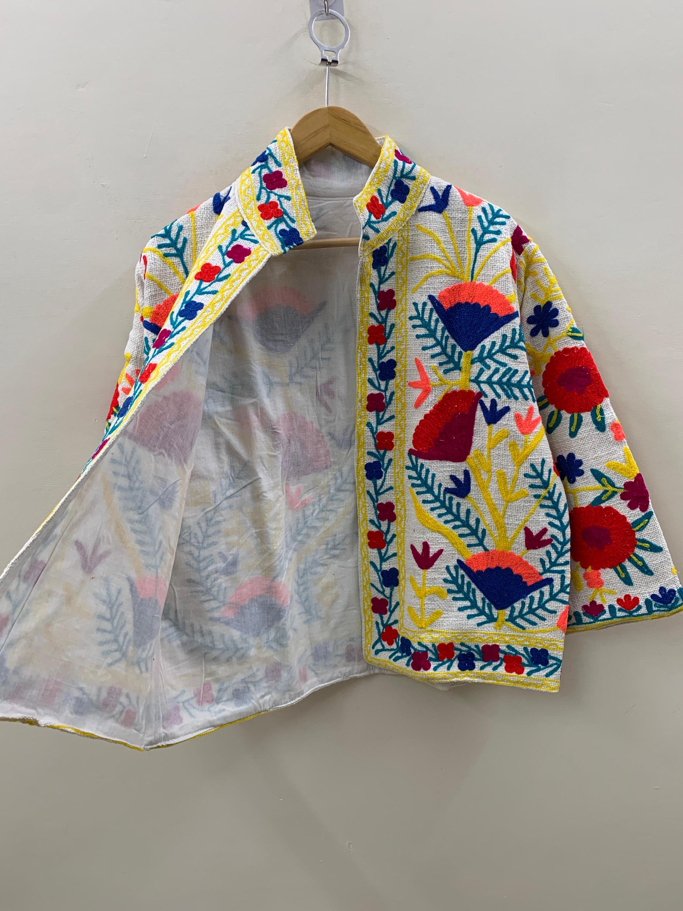 White Suzani Embroidered Jacket | Boho Floral Duster Coat | Handmade Bomber Jacket | Festival Kimono Jacket | TNT Short Jacket| Gift For Her