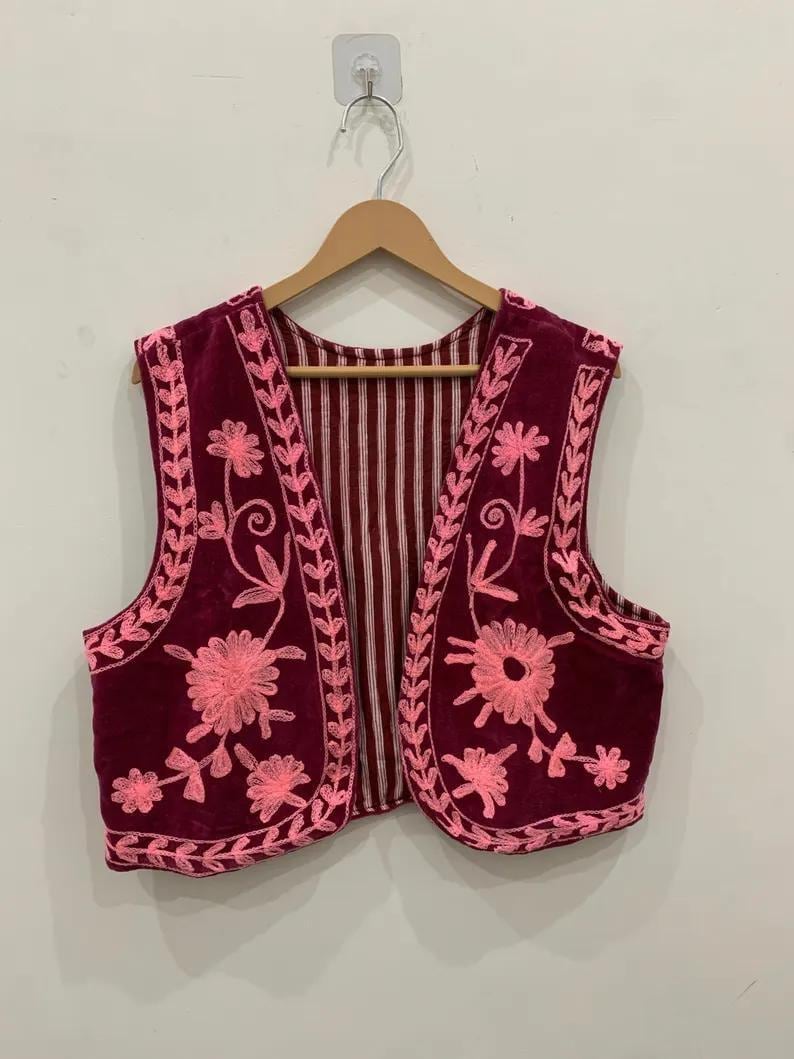 Handmade Embroidered Velvet Boho Vest | Indian Ethnic Waistcoat | Sleeveless Jacket | Cotton Lining | Vintage Bohemian Layer