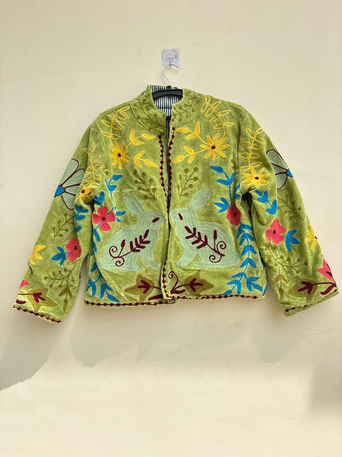Green Velvet Suzani Jacket | Floral Embroidery Jacket  | Hippie Coat | Warm Winter Coat | Artisanal Outerwear | Gift For Her | Cropped Coat