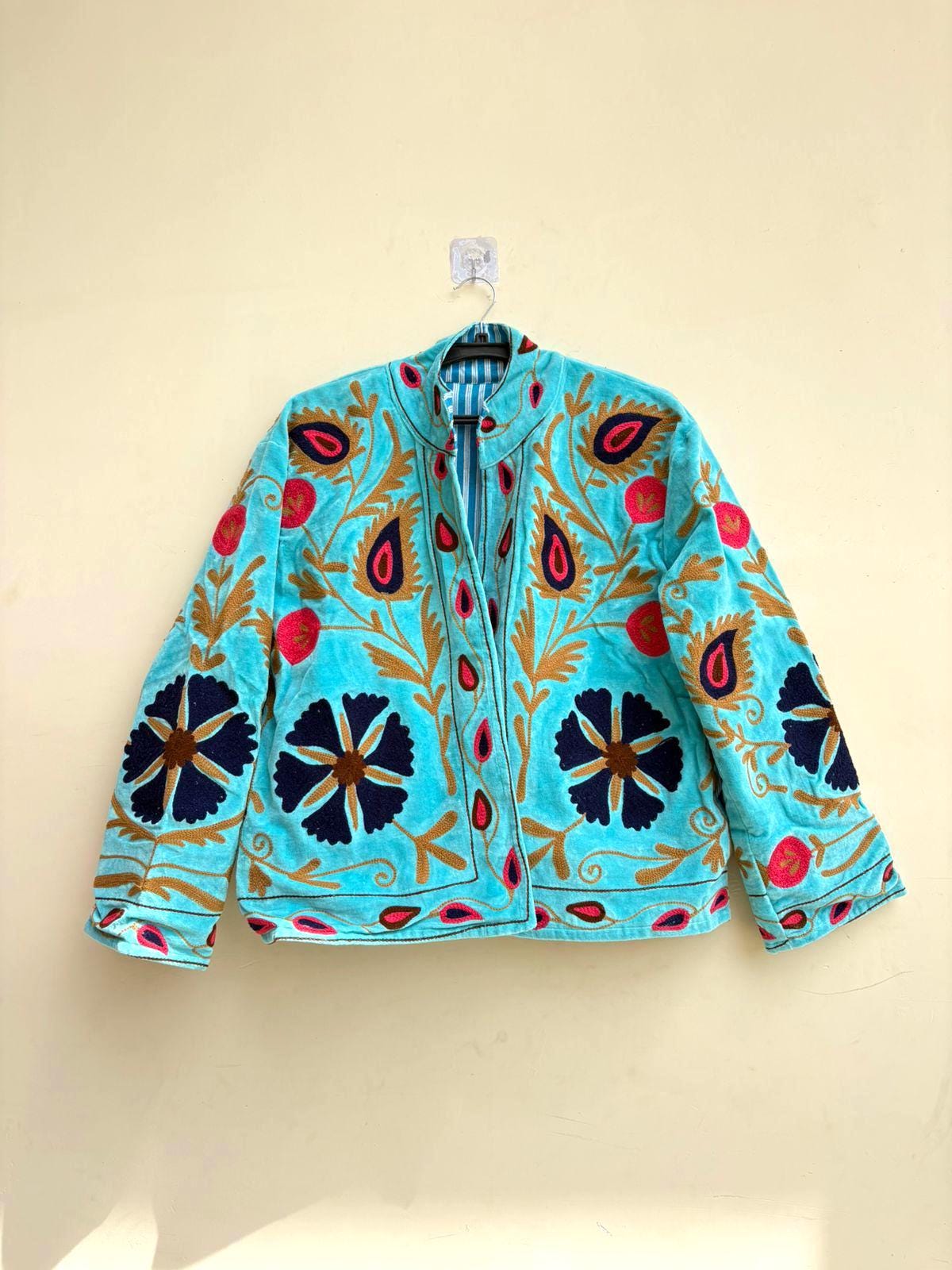 Blue Bohemian Suzani Velvet Artisan Jacket | Embroidered Traditional Coat | Ethnic Kimono Outerwear | Oversize Winter Jacket | Gift for Her