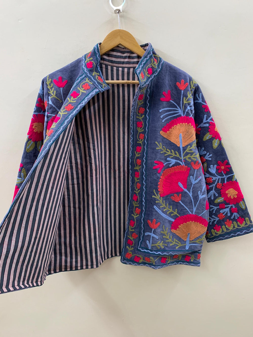Grey Handmade Suzani Embroidered Short Velvet Jacket | Boho Festival Coat |Ethnic Artisan Outerwear | Cropped Bohemian Jacket | Gift For Her