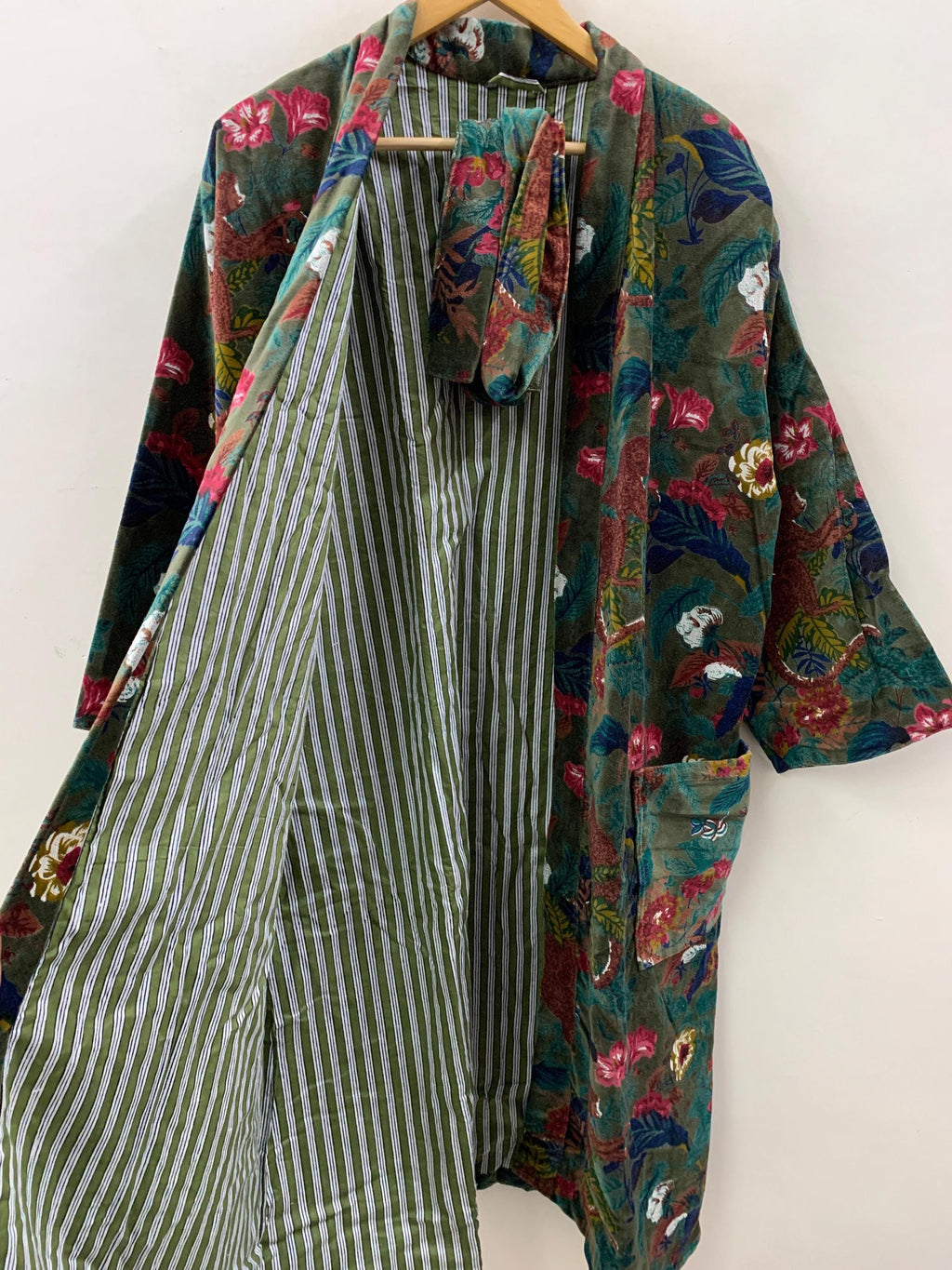 Green Velvet Kimono Robe – Jungle Animal Print Boho Duster | Monkeys & Floral Pattern | Long Bohemian Jacket | Loungewear,  Festival Outfit