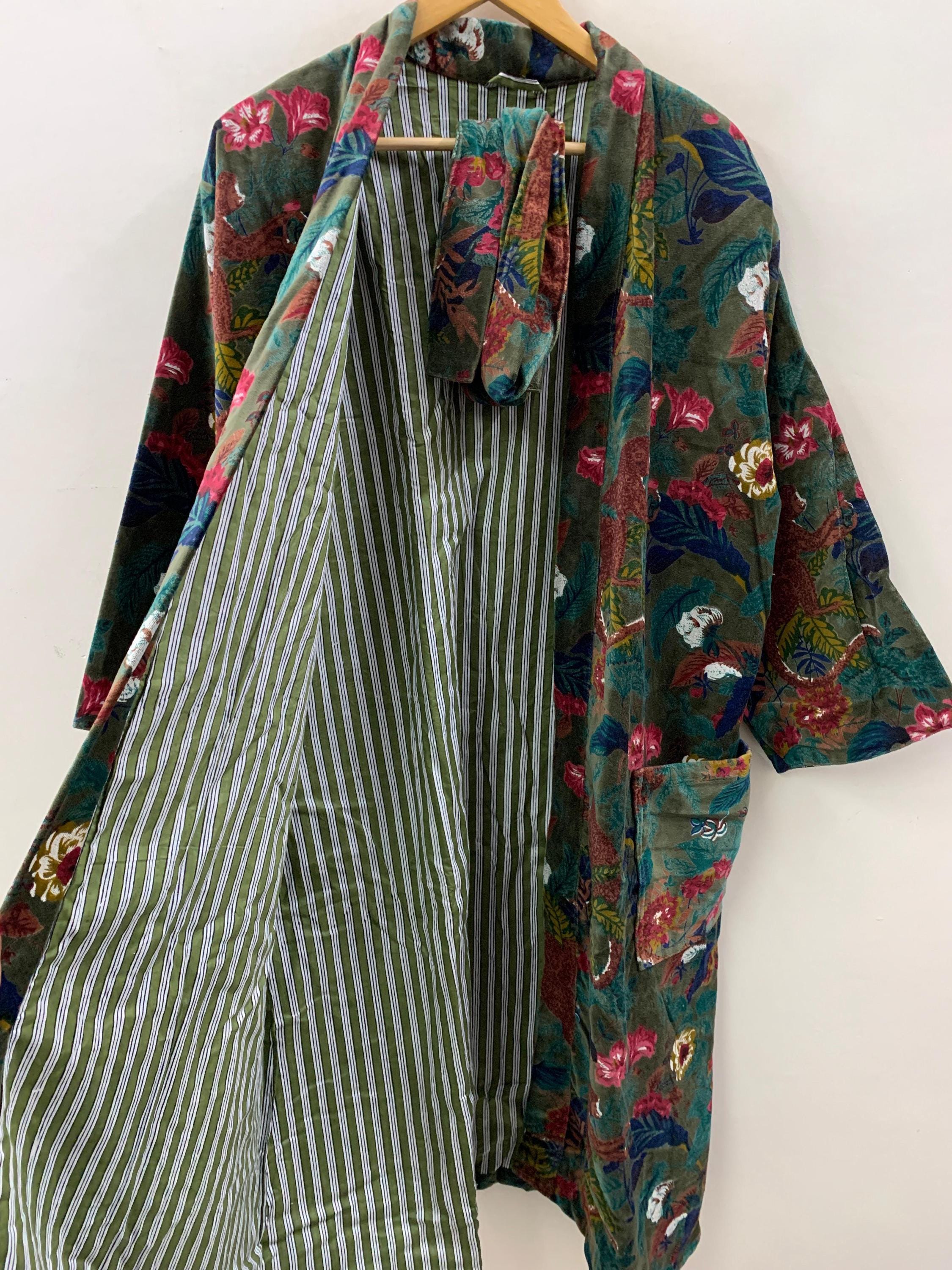 Green Velvet Kimono Robe – Jungle Animal Print Boho Duster | Monkeys & Floral Pattern | Long Bohemian Jacket | Loungewear,  Festival Outfit