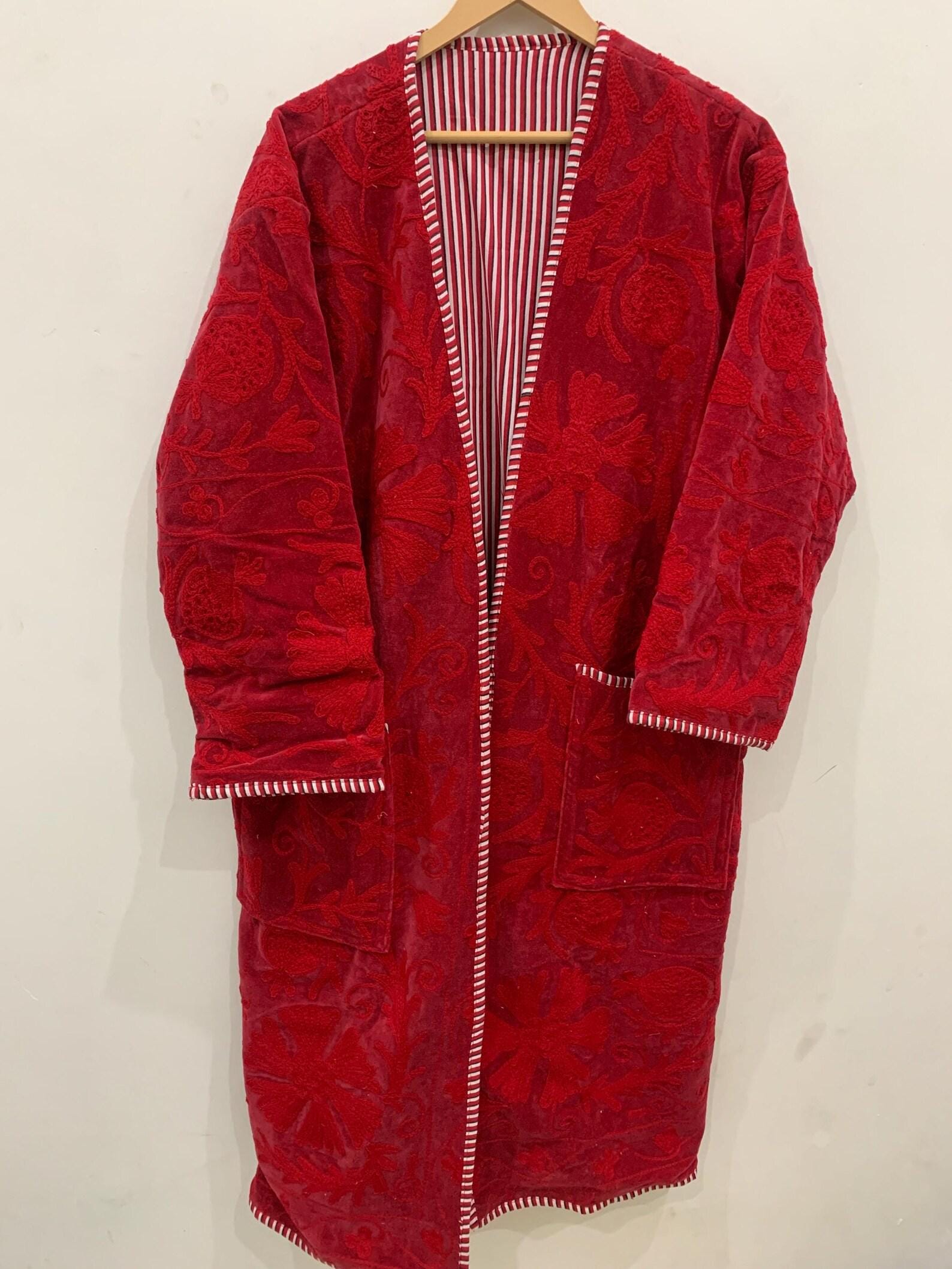 Red Long Suzani Kimono Robe | Boho Embroidered Duster | Vintage Uzbek Coat | Handmade Festival Kimono | Bohemian Robe Jacket | One of a Kind