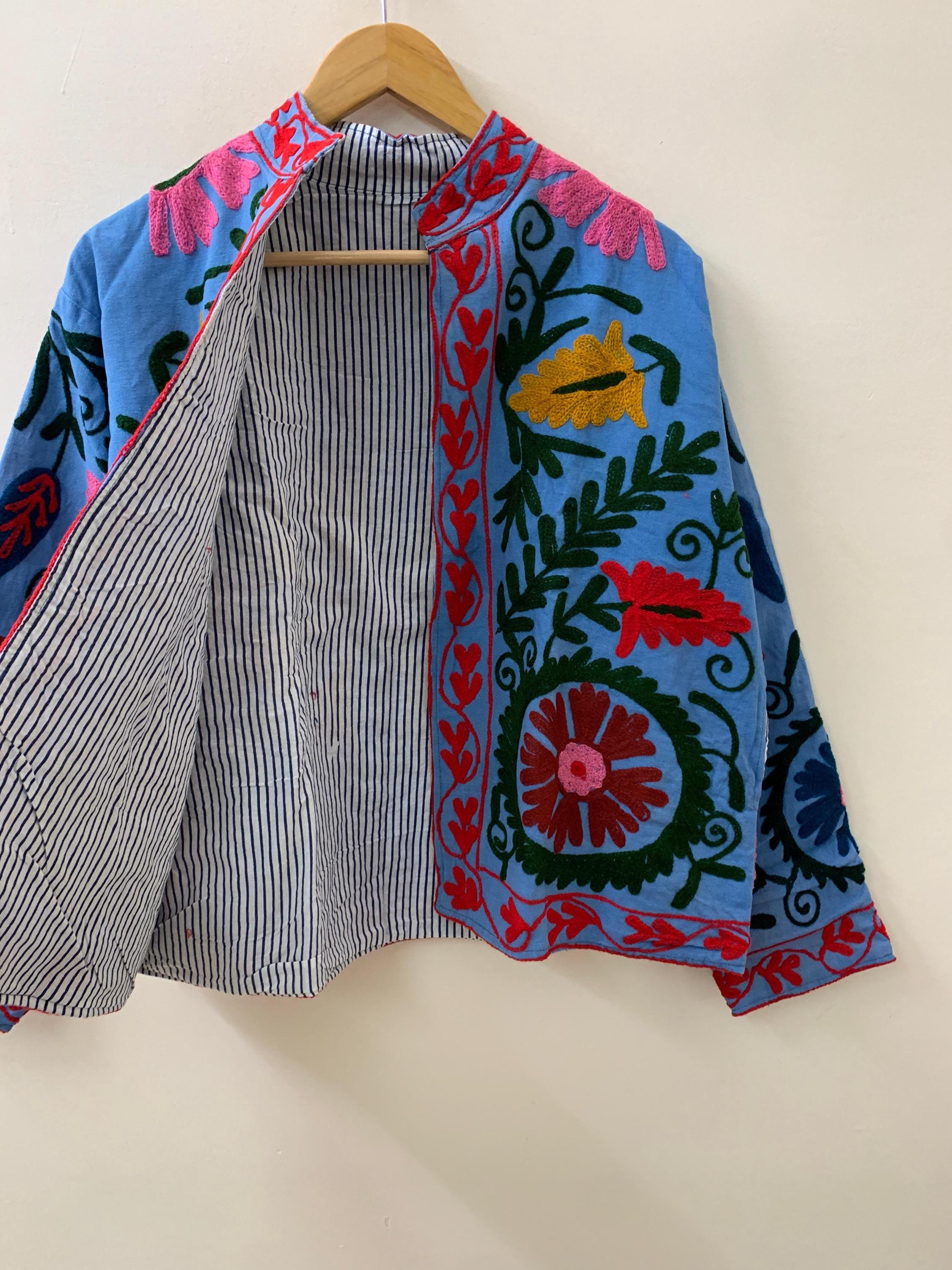 Cotton Suzani Summer Jacket | Boho Embroidered Vintage Coat | Uzbek Textile Kimono | Festival Wear | Ethnic Bohemian Outerwear- Gift For Her
