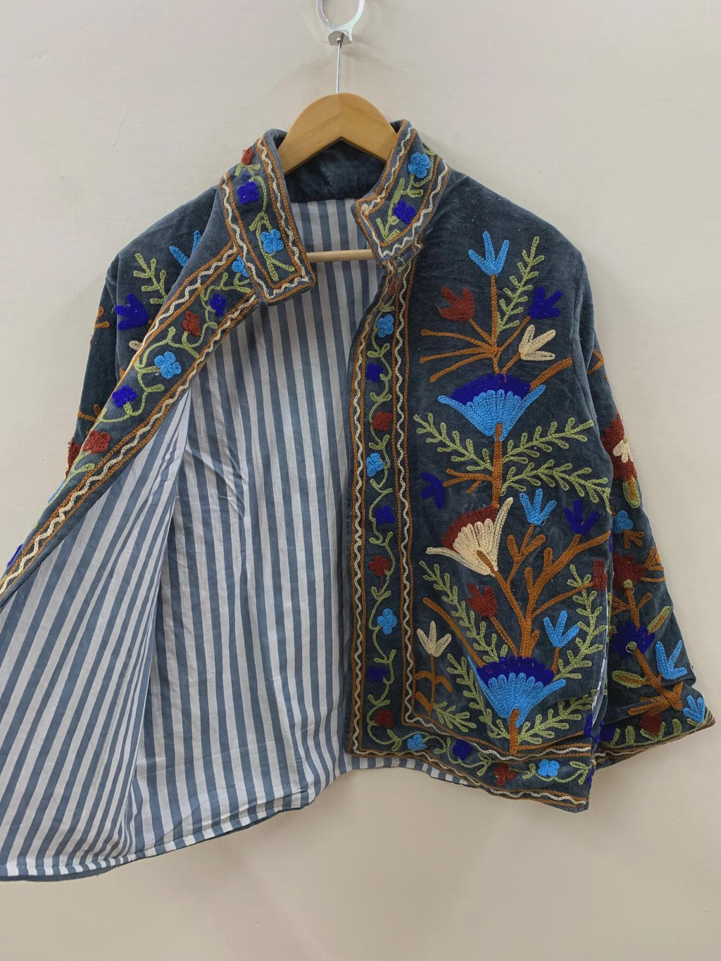 Ethnic Traditional Suzani Velvet Cropped Winter Jacket | Handmade Embroidered Boho Coat | Short Festival Kimono Outerwear | Gift for Her