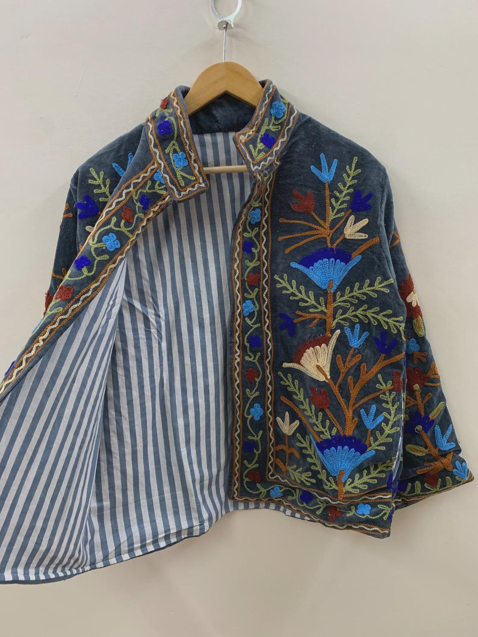 Ethnic Traditional Suzani Velvet Cropped Winter Jacket | Handmade Embroidered Boho Coat | Short Festival Kimono Outerwear | Gift for Her