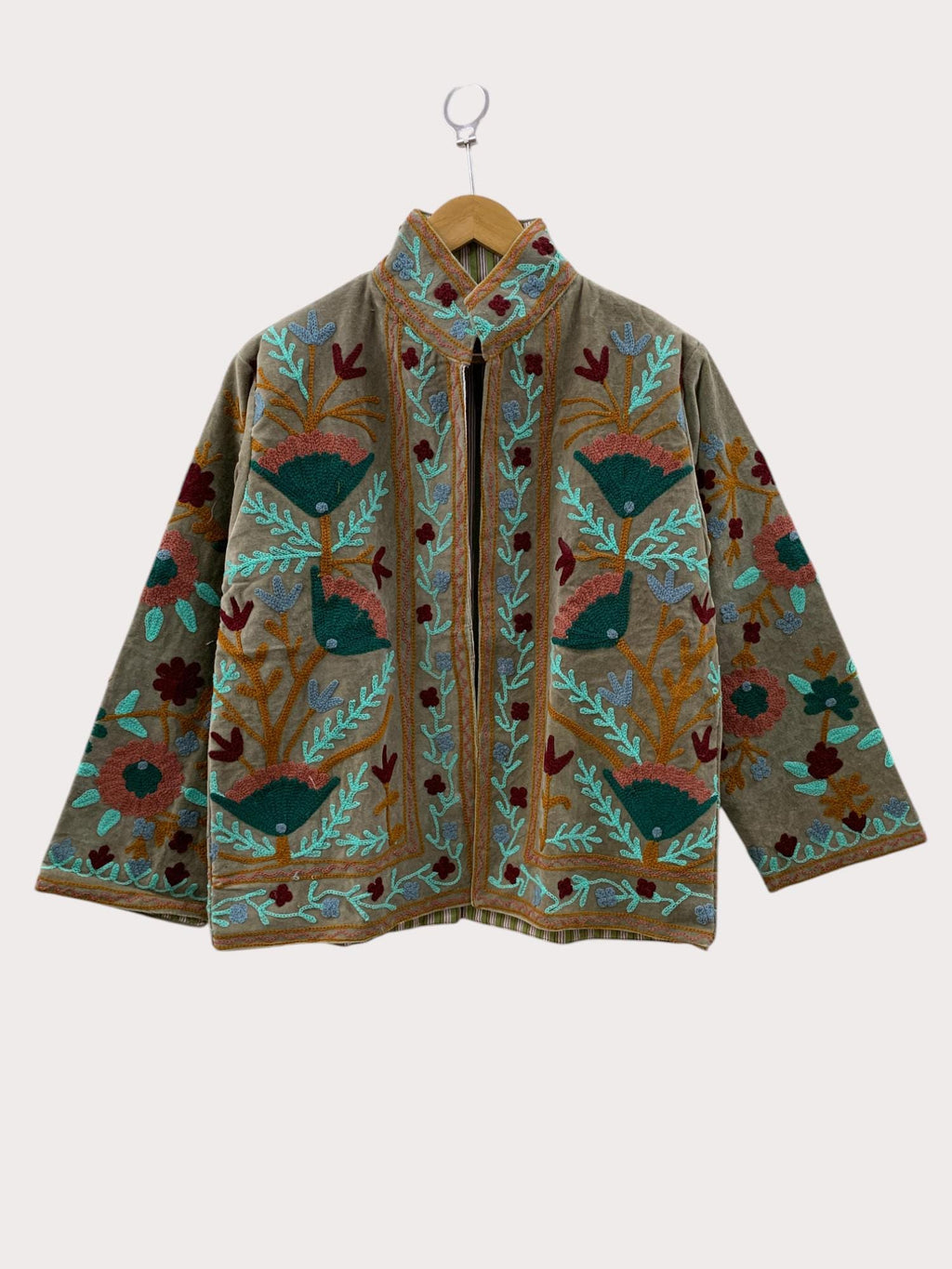 Chic Embroidered Suzani Fabric Short Velvet Jacket | Button Winter Coat | Short Jacket | Spring Bomber Jacket | Gift For Her |Velvet Coat