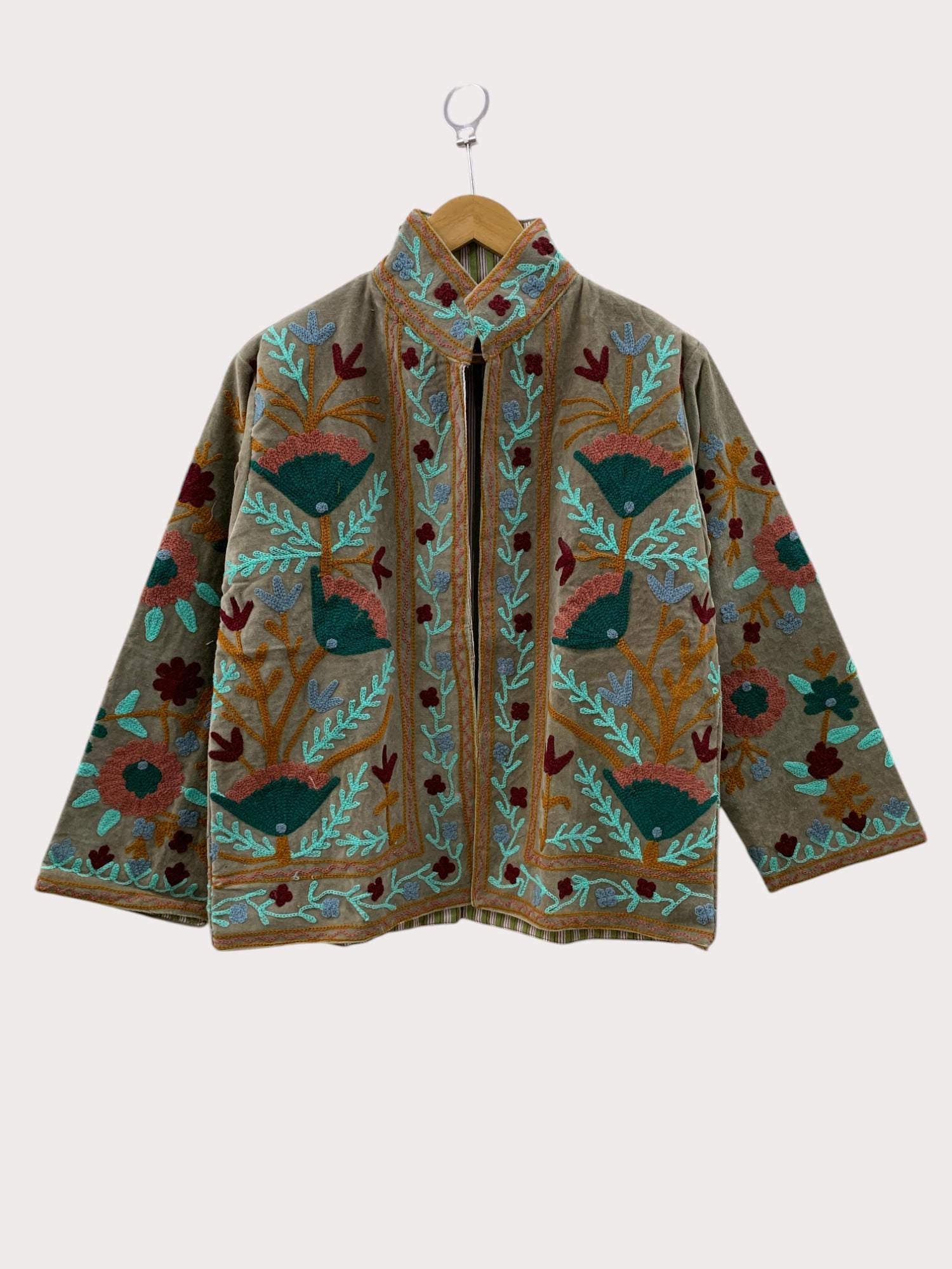Chic Embroidered Suzani Fabric Short Velvet Jacket | Button Winter Coat | Short Jacket | Spring Bomber Jacket | Gift For Her |Velvet Coat