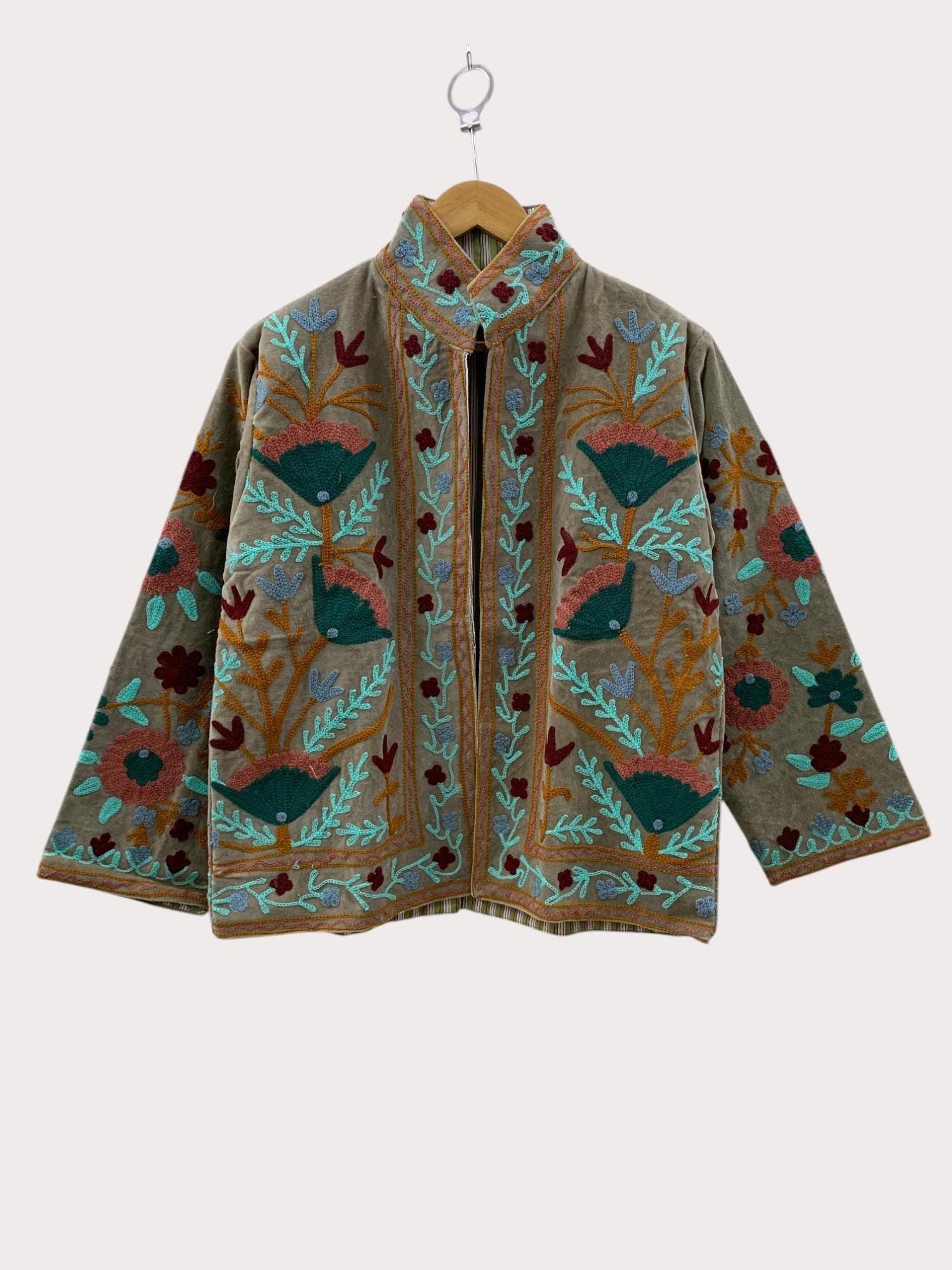 Chic Embroidered Suzani Fabric Short Velvet Jacket | Button Winter Coat | Short Jacket | Spring Bomber Jacket | Gift For Her |Velvet Coat