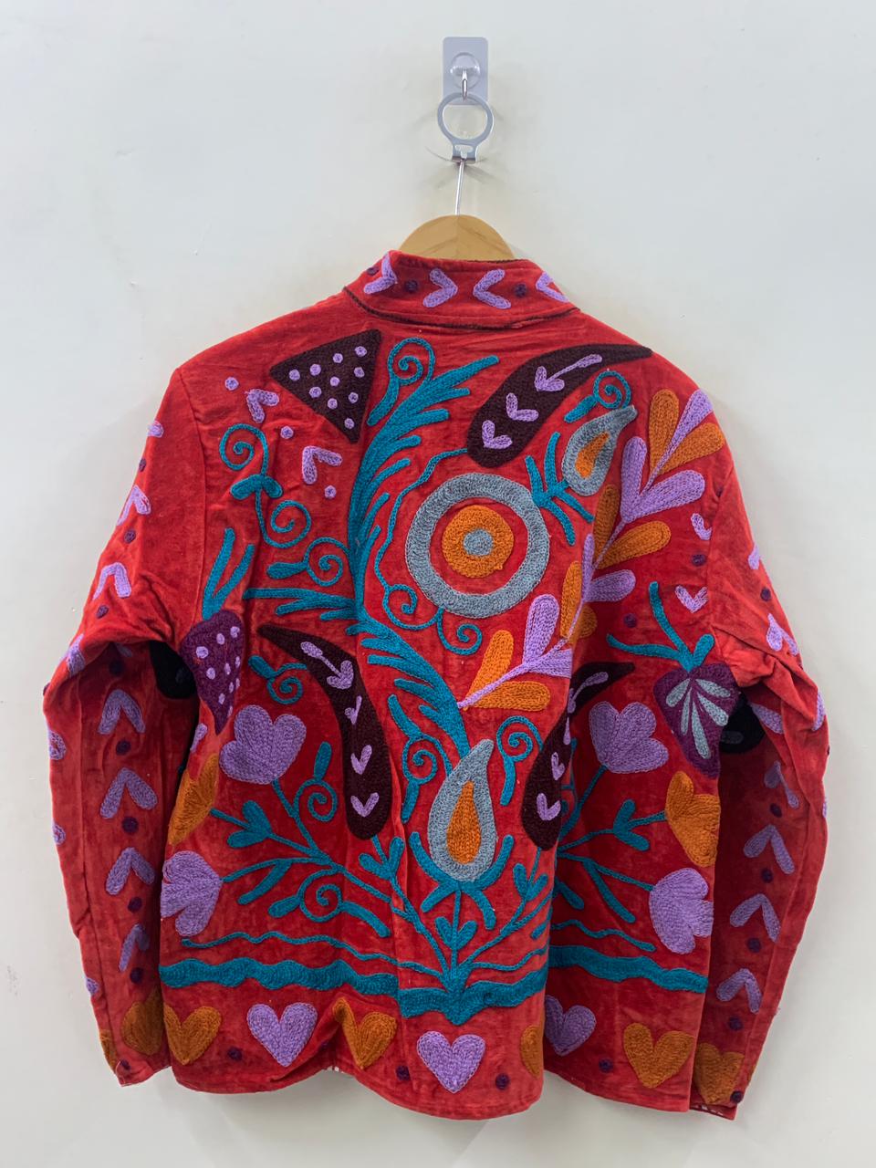 Red Boho Suzani Velvet Jacket  | Embroidered Coat Women | Vintage Bohemian Jacket | Winter Warm Outerwear | Gift for Her | Handmade Jacket