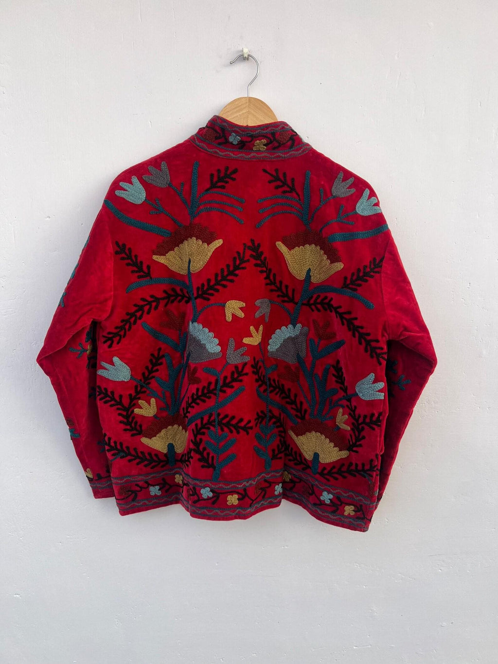 Red Hand Embroidered Velvet Suzani Jacket | Bohemian Festival Coat | Gift For Her | Winter Warm Kimono Coat  | Oversized Boho Jacket