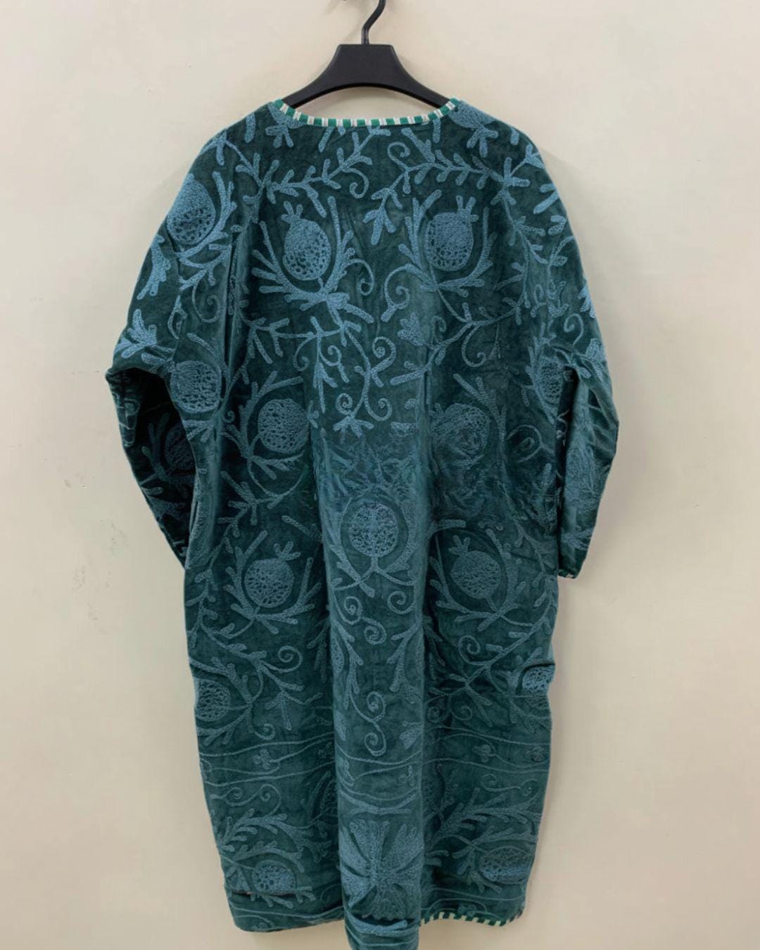 Green Long Suzani Kimono Jacket | Boho Embroidered Duster | Vintage Uzbek Coat | Gift For Her