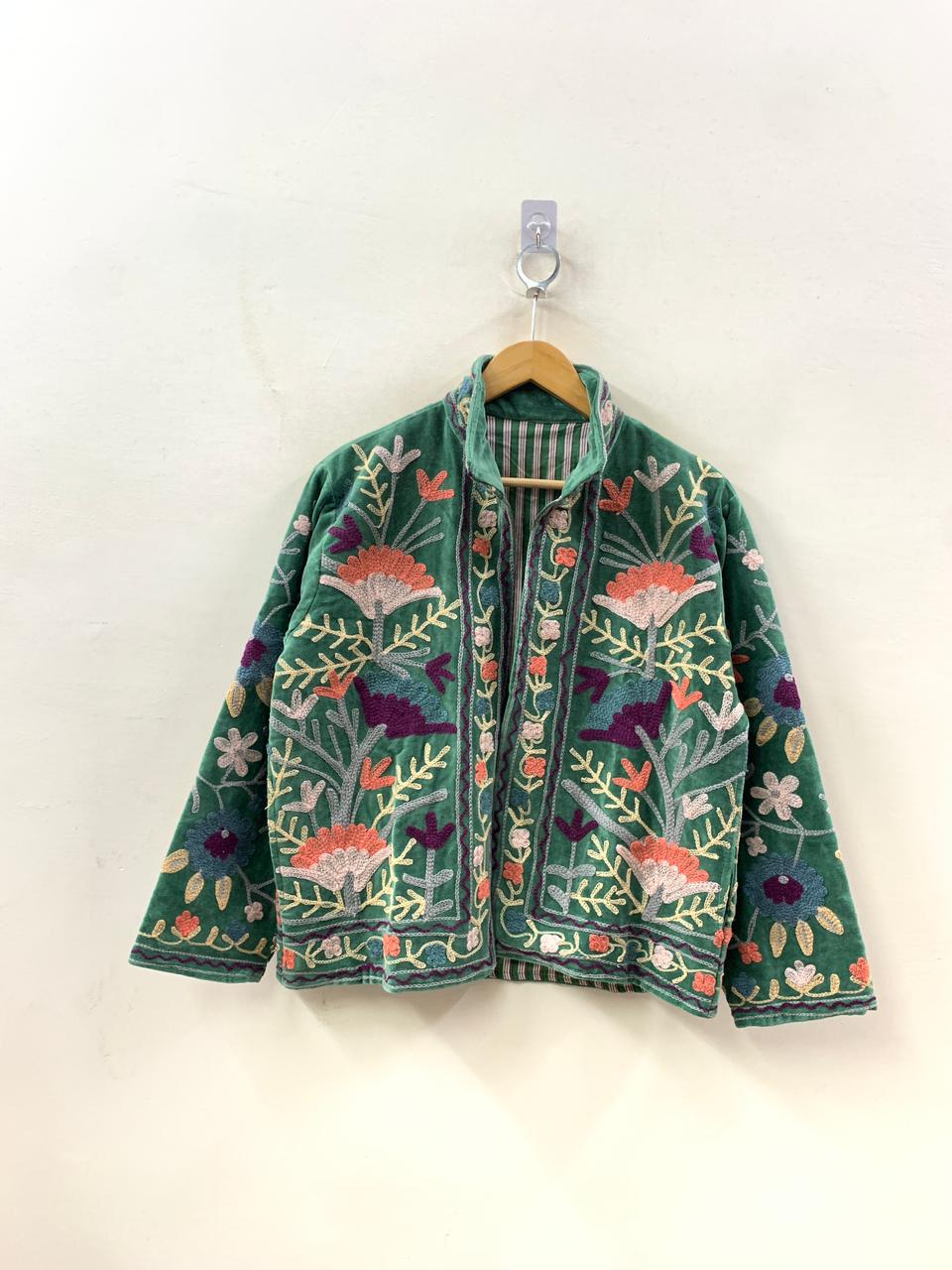 Ethnic Suzani Embroidered Velvet Winter Jacket | Handmade Short Festival Coat | Bohemian Outerwear | Winter Kimono Jacket | Gift For Wife