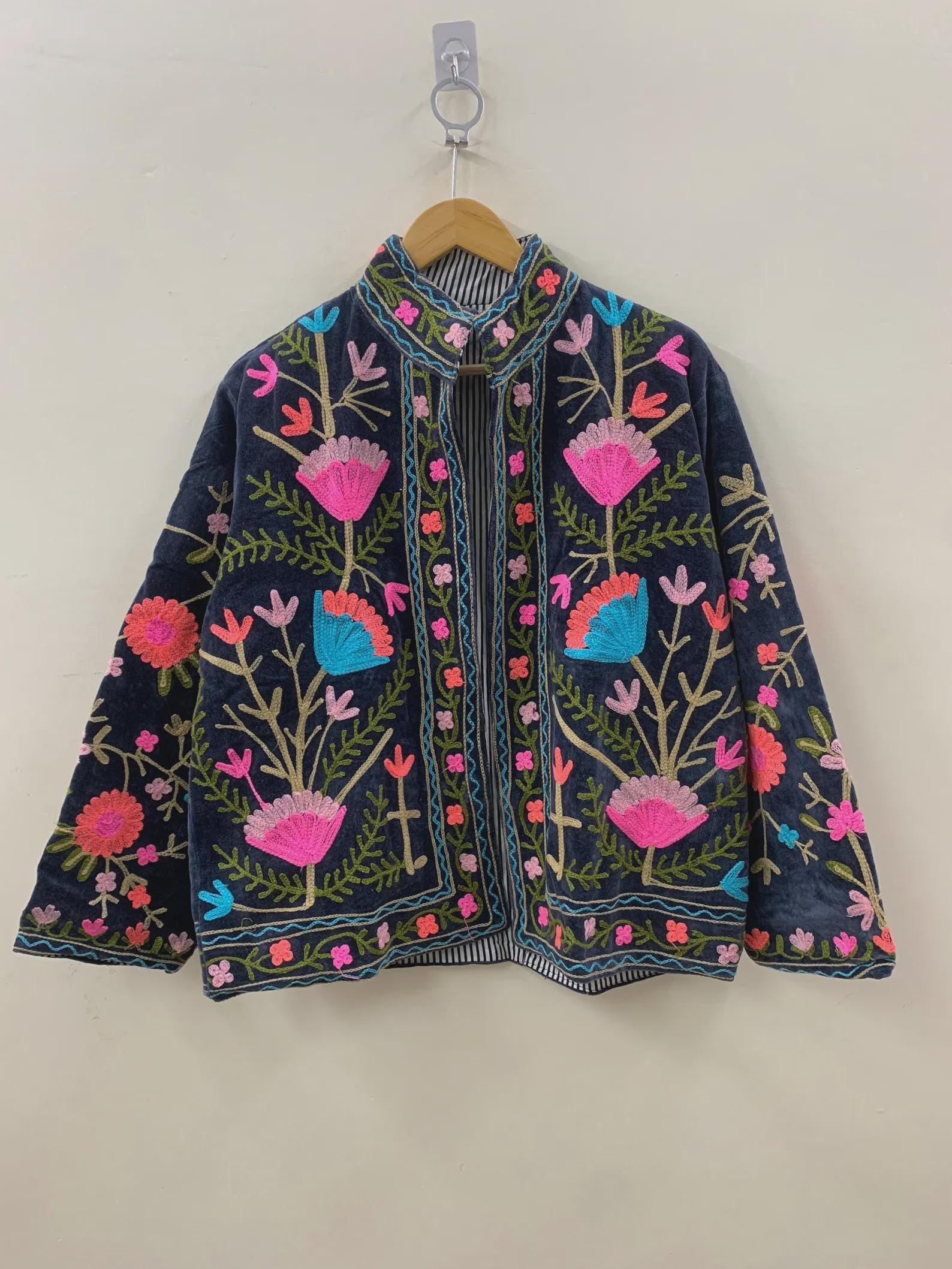 Velvet Suzani Jacket | Floral Embroidered Jacket | Winter Warm Coat | Handmade Jacket | Gift for Her | Winter Kimono Jacket