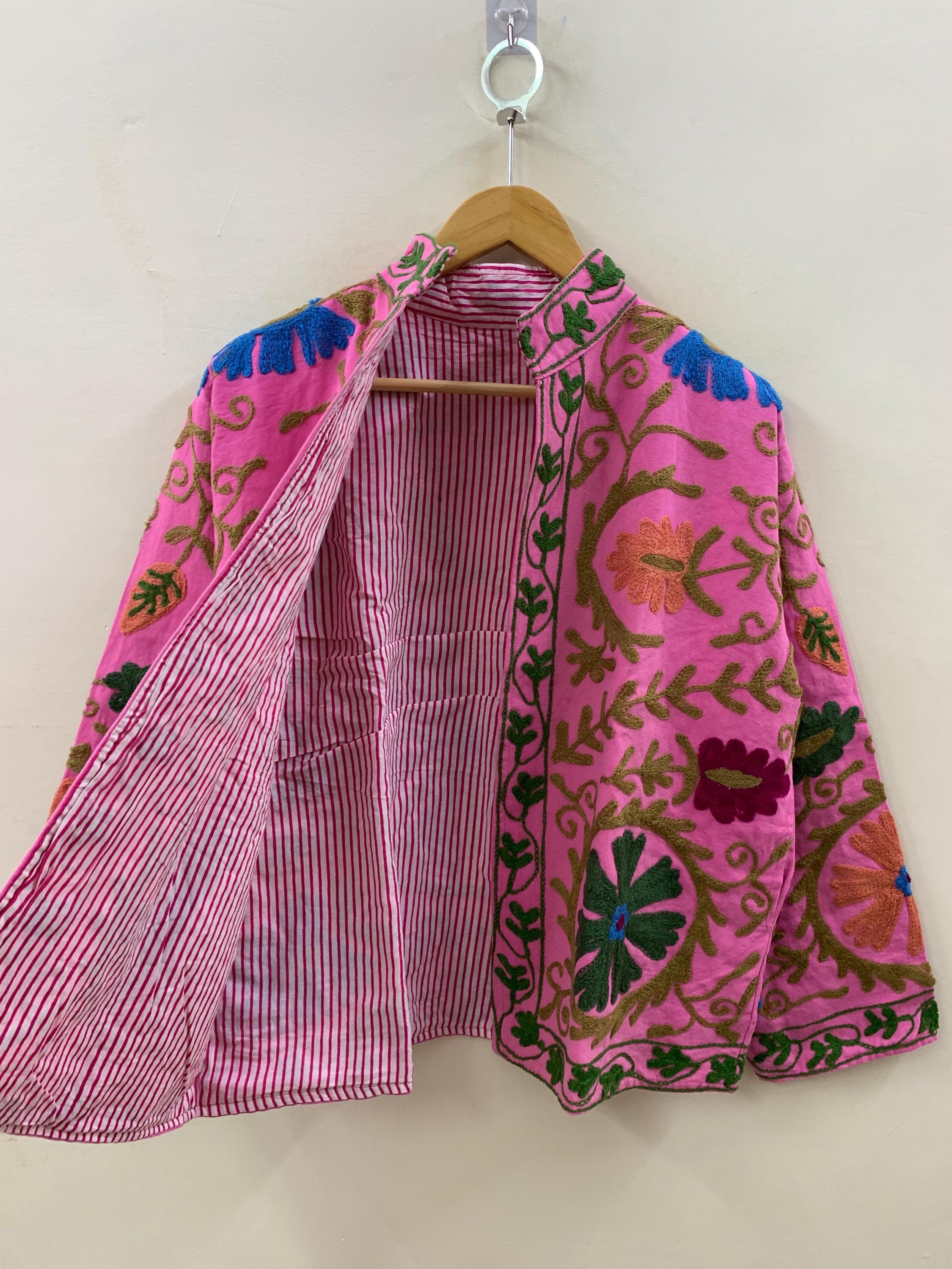 Embroidered Coat -Vintage Floral Cotton Suzani Short Jacket – Tribal Festival Kimono Jacket |Gift For Her | Duster Jacket | Bomber Chic Coat