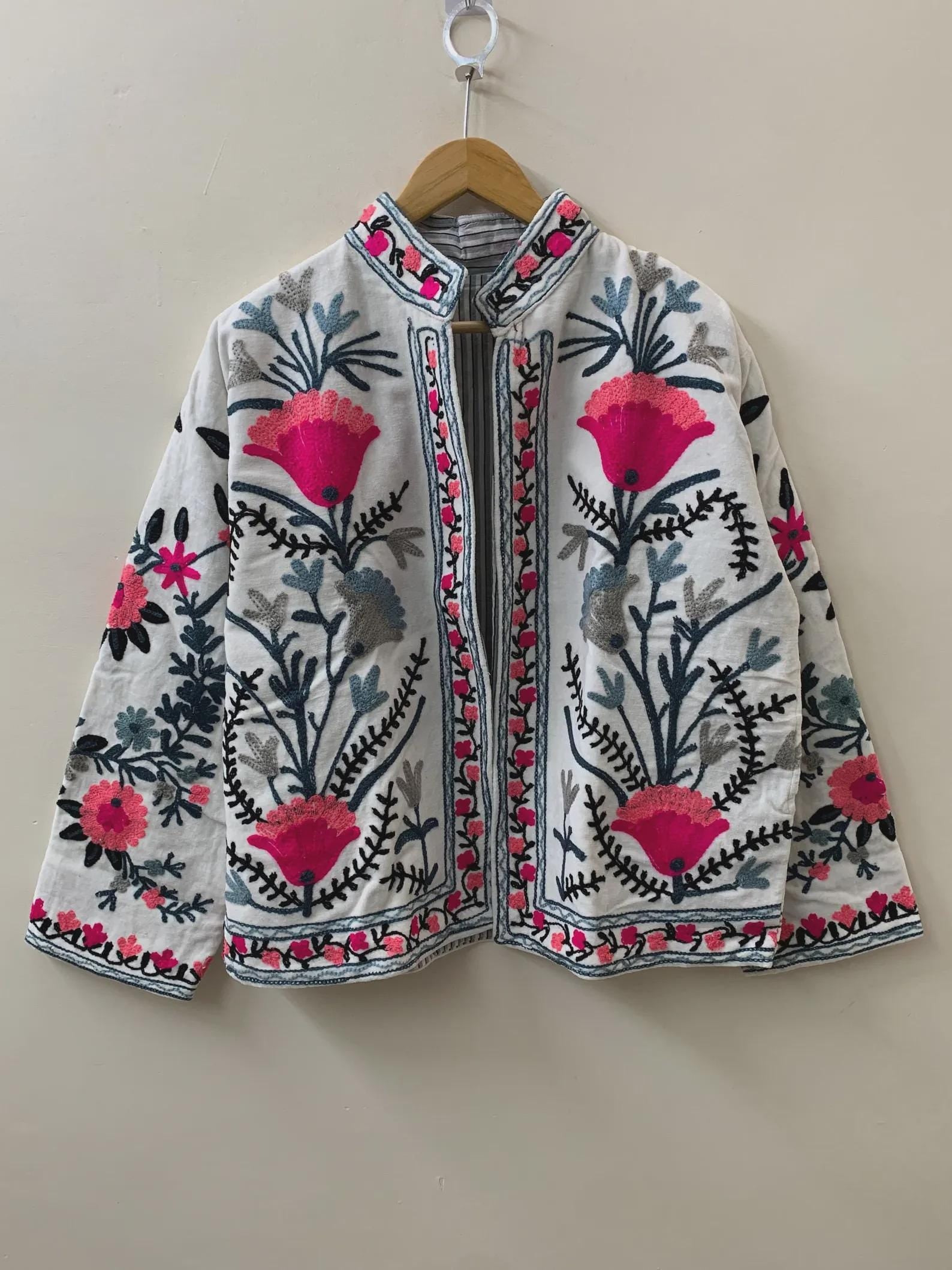 Handmade Suzani Embroidered Velvet Winter Jacket | Traditional Ethnic Boho Short Coat | Festival Kimono Outerwear | Gift for Her