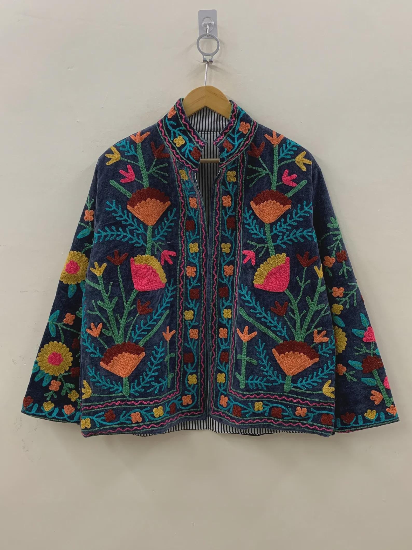 Suzani Velvet Jacket Women | Floral Embroidered Jacket | Winter Kimono Coat | Warm Winter Outerwear | Gift for Her